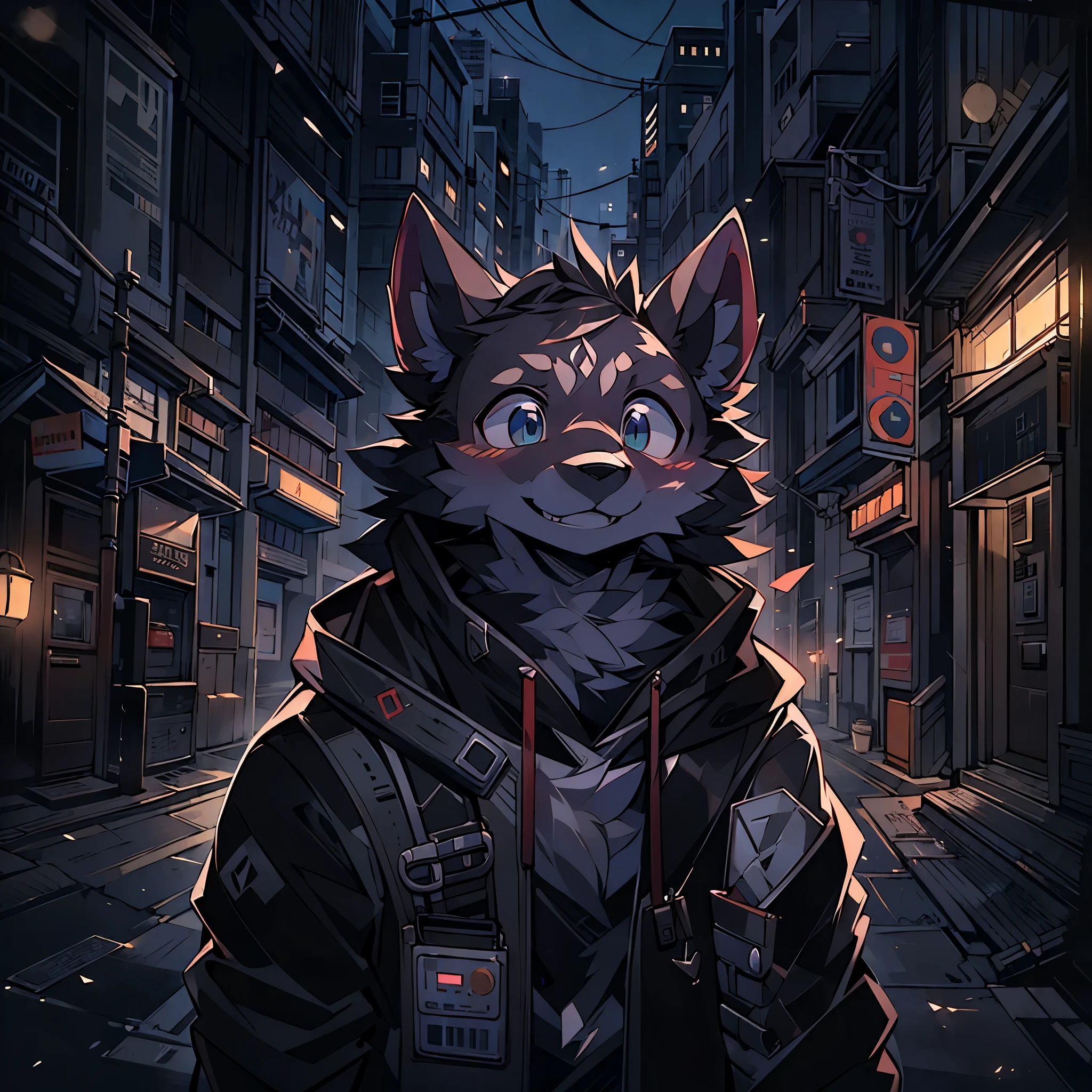 top-quality，best qualityer，rzminjourney，vectorial art，High quality illustrationtiz，tmasterpiece）（komono，furry anthro），round form，Bust，the street，(Boy black humanoid dog:1.2), Smiling warmly，Flashing friendly peace signs，Super detailed illustration，solo person，Dark night，Dark streets