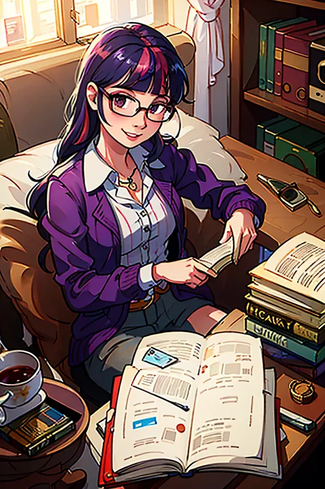 twilight sparkle solo portrait, glasses, book, most popular, best quality, smart, friendly, smiling