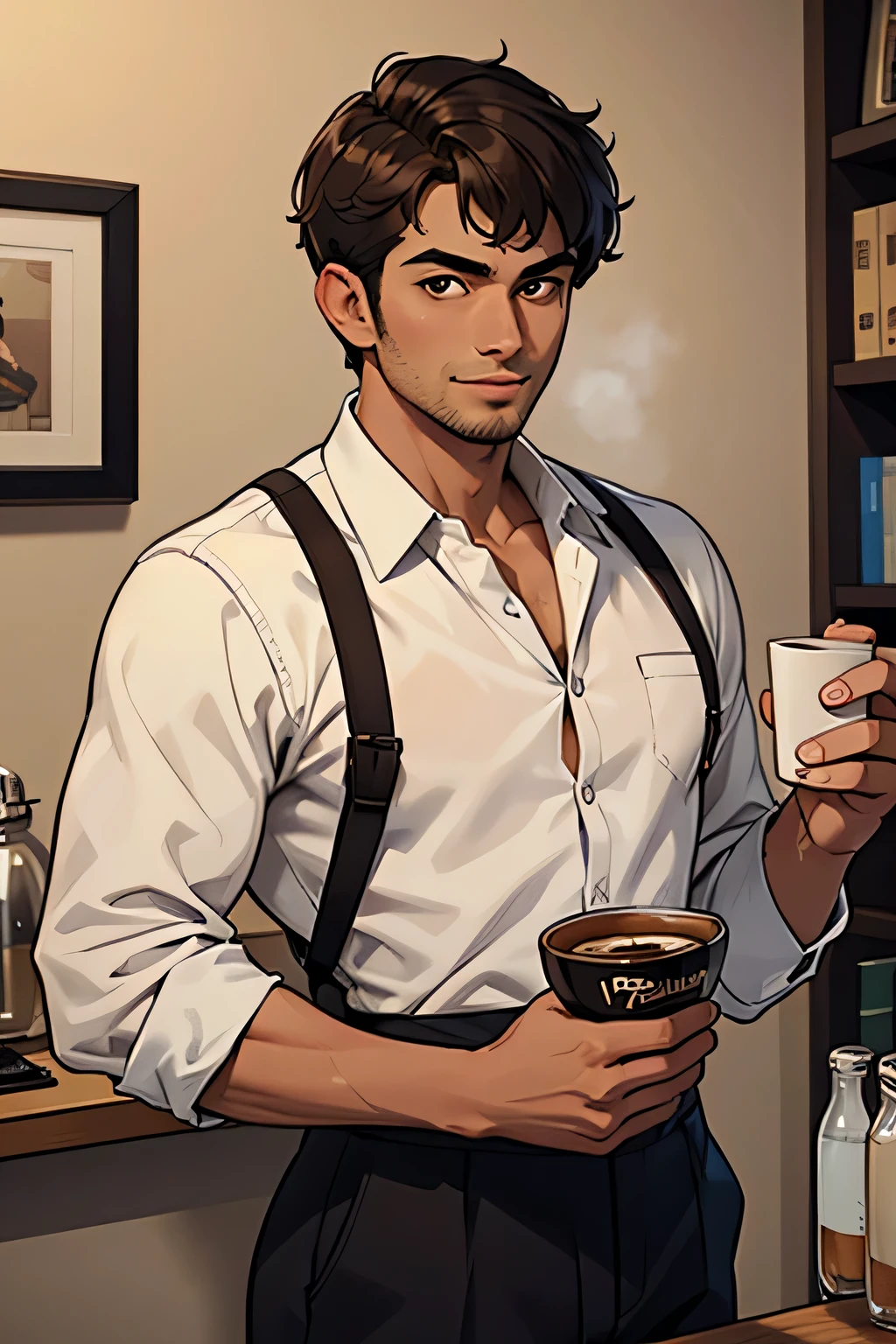 (best quality), masculine, 28 years old, tanned skin, Brown hair, shorth hair, tousled hair, swept bangs, brown eyes, expressive eyes, Stubble, muscular, Smile, Good looking, strong jaw, Carlos Oliveira, wide, Barista-Uniform, ​masterpiece, anatomically correct, High Resolution
