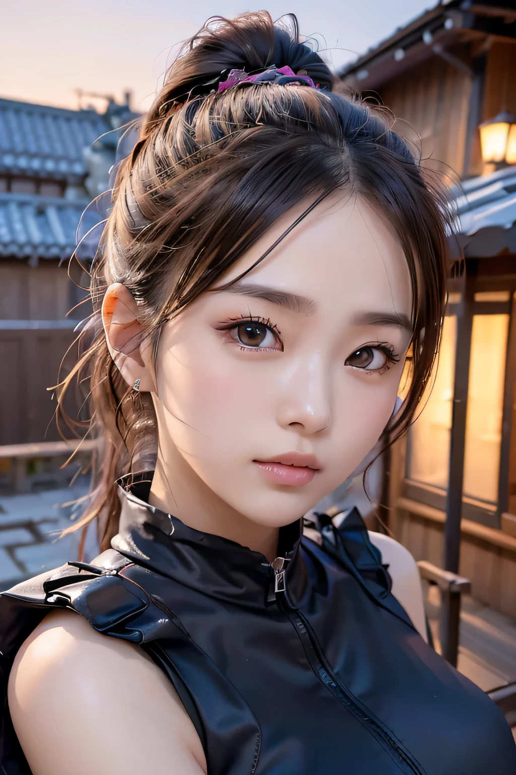 (8K, masterpiece, 最high quality), Super detailed, beautiful round eyes, beautiful and detailed face, high quality, High resolution, female ninja sitting on the roof, ninja suit, ninja, village background, At night, , perfection ,, ponytail, Low ISO, stare into the distance、With a round face、slim、flat body、cute、、、((head shot))、