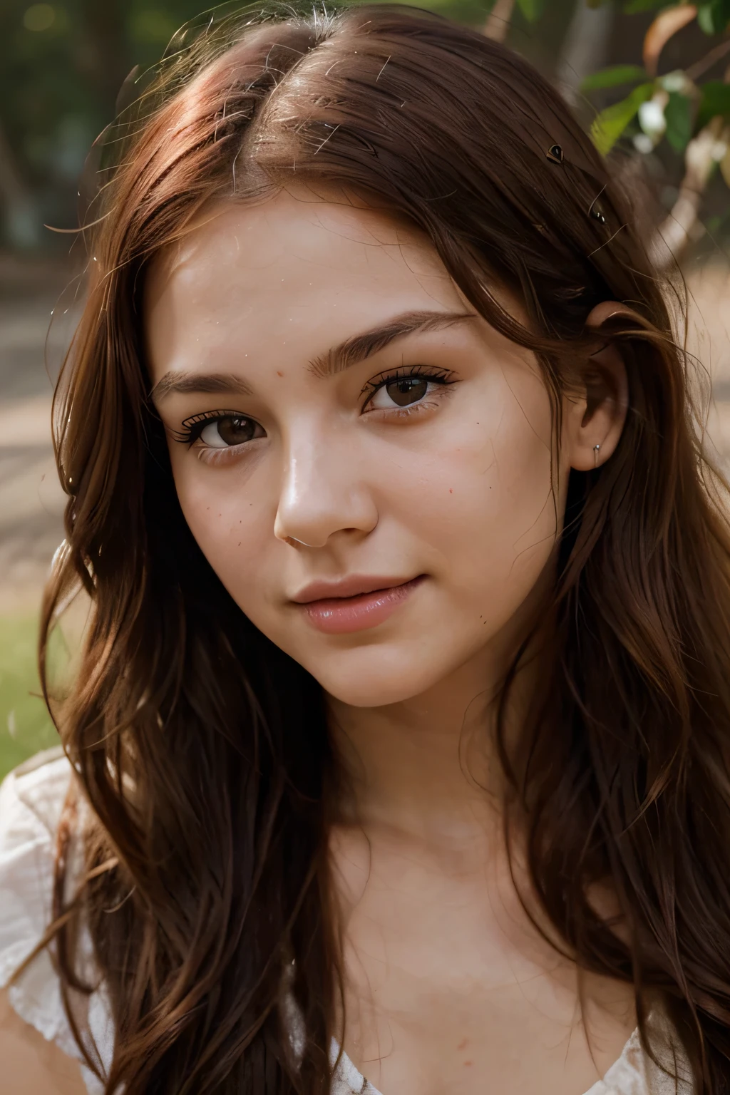 The photograph shows the face of a girl with red hair.... Hair frames the face in soft waves., reflective warm light. Skin is spotlessly clean, with a slight blush on her cheeks, emphasizing her freshness and youth. young woman&#39;his eyes are green, deep and expressive, with fringe and long eyelashes. Eyebrows are clearly defined and naturally arched., giving expressiveness to the look. Lips are soft, with a slight pink tint, perfectly balanced, what makes her smile especially attractive. The face expresses calm and confidence., it conveys harmony and natural beauty. 