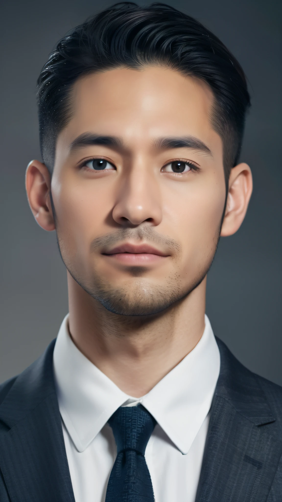 (extremely detailed CG Unity 8K wallpaper,table, Best quality, ultra detailed), Gray background, 35-year-old man, living in Japan., 35-year-old City Hall employee., Sports hairstyle, Dark-haired, narrow facial contours, Thin eyebrows, keen eyes, high and thin nose, Thin lips, Physical thin, Shirt and tie, Strong impression