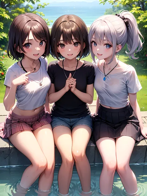 ((highest quality)), ((masterpiece)), (pretty girl), (3 girls:1.3), cute three girls are posing for a camera outdoors in the wat...