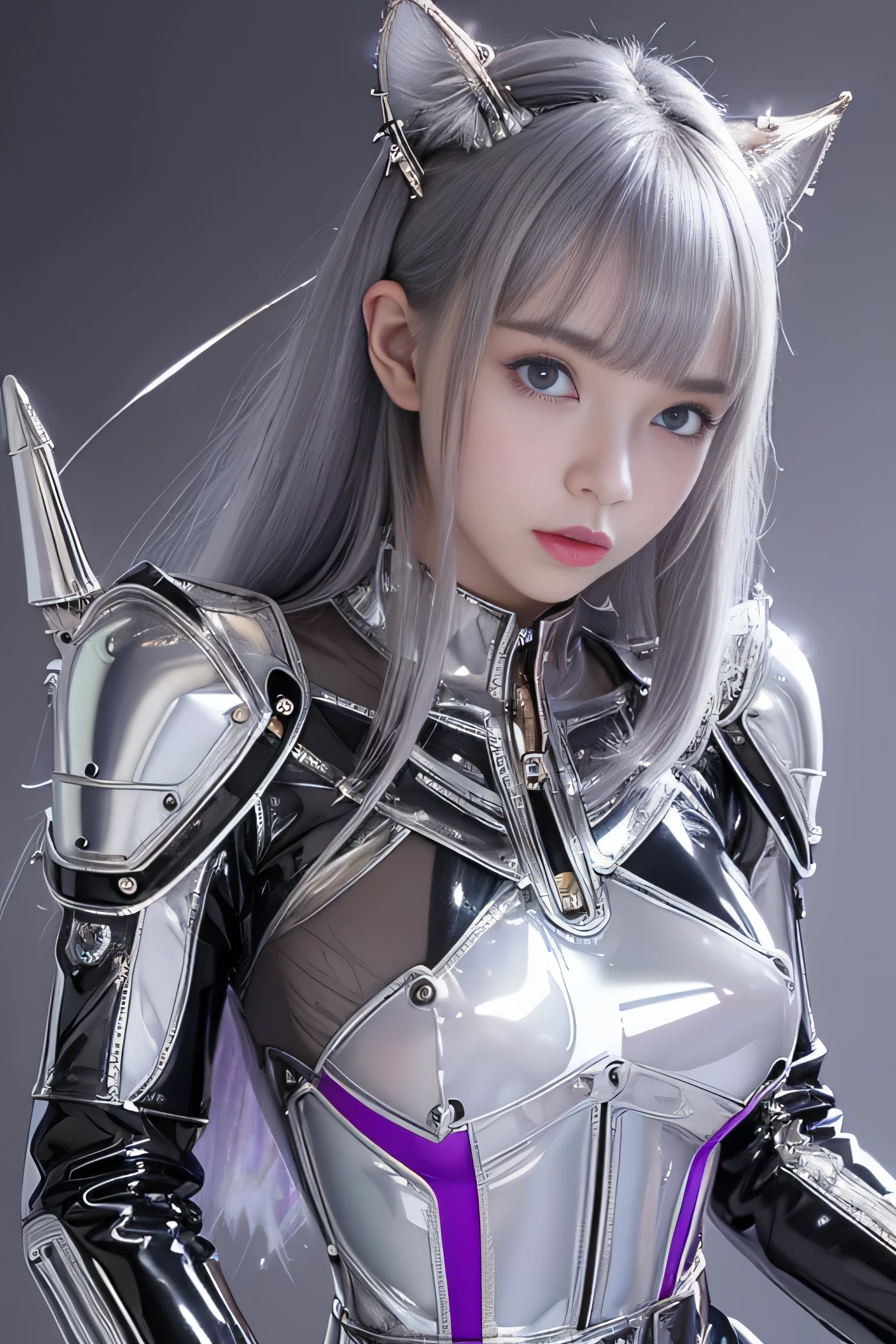 highest quality、masterpiece、ultra high resolution、(Photoreal:1.4)、RAW photo、1 girl、black hair、(((Colorless transparent latex in the shape of a gorgeous woman forming the body:1.4)))、(((rawhide:1.4)))、(((Large silver plated metal nipples:1.4)))、(hard erect nipples:1.4), (nipples facing upwards:1.4), (swollen nipples:1.4), (((Silver mirrored metal bones seen through latex):1.4)、((Super realistic details))、portrait、global illumination、Shadow、octane rendering、8K quality、super sharp、((All mechanical metals are mirror silver plated.:1.4))、white mechanical skeleton、ink、very intricate details、realistic light、Trends in CG society、purple eyes、shining eyes、towards the camera、neon details、(Mechanical ribs)、mechanical spine、sit on top、Wires and cables connecting to the head、gundam、small led lamp、(purple lighting from behind:1.2)、