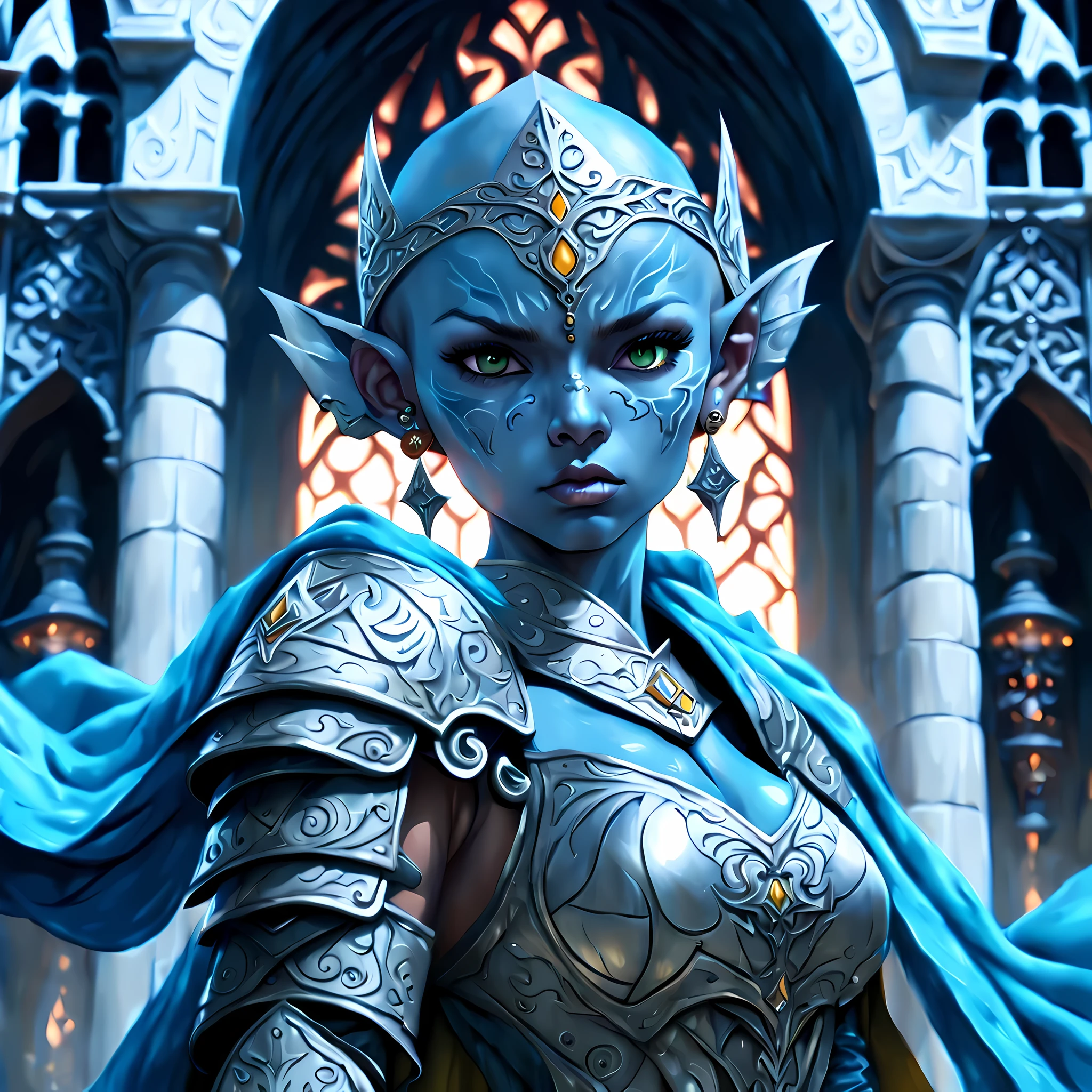 fantasy art, dnd art, RPG art, wide shot, (masterpiece: 1.4) a (portrait: 1.3) intense details, highly detailed, photorealistic, best quality, highres, portrait a female (fantasy art, Masterpiece, best quality: 1.3) ((blue skin: 1.5)), intense details facial details, exquisite beauty, (fantasy art, Masterpiece, best quality) cleric, (blue: 1.3) skinned female bald head, no ears, (green: 1.3) eye, fantasy art, Masterpiece, best quality) armed a fiery sword red fire, wearing heavy (white: 1.3) half plate mail armor, wearing high heeled laced boots, wearing an(orange :1.3) cloak, wearing glowing holy symbol GlowingRunes_yellow, within fantasy temple background, reflection light, high details, best quality, 16k, [ultra detailed], masterpiece, best quality, (extremely detailed), close up, ultra wide shot, photorealistic, RAW, fantasy art, dnd art, fantasy art, realistic art,((best quality)), ((masterpiece)), (detailed), perfect face, ((no ears: 1.6))
