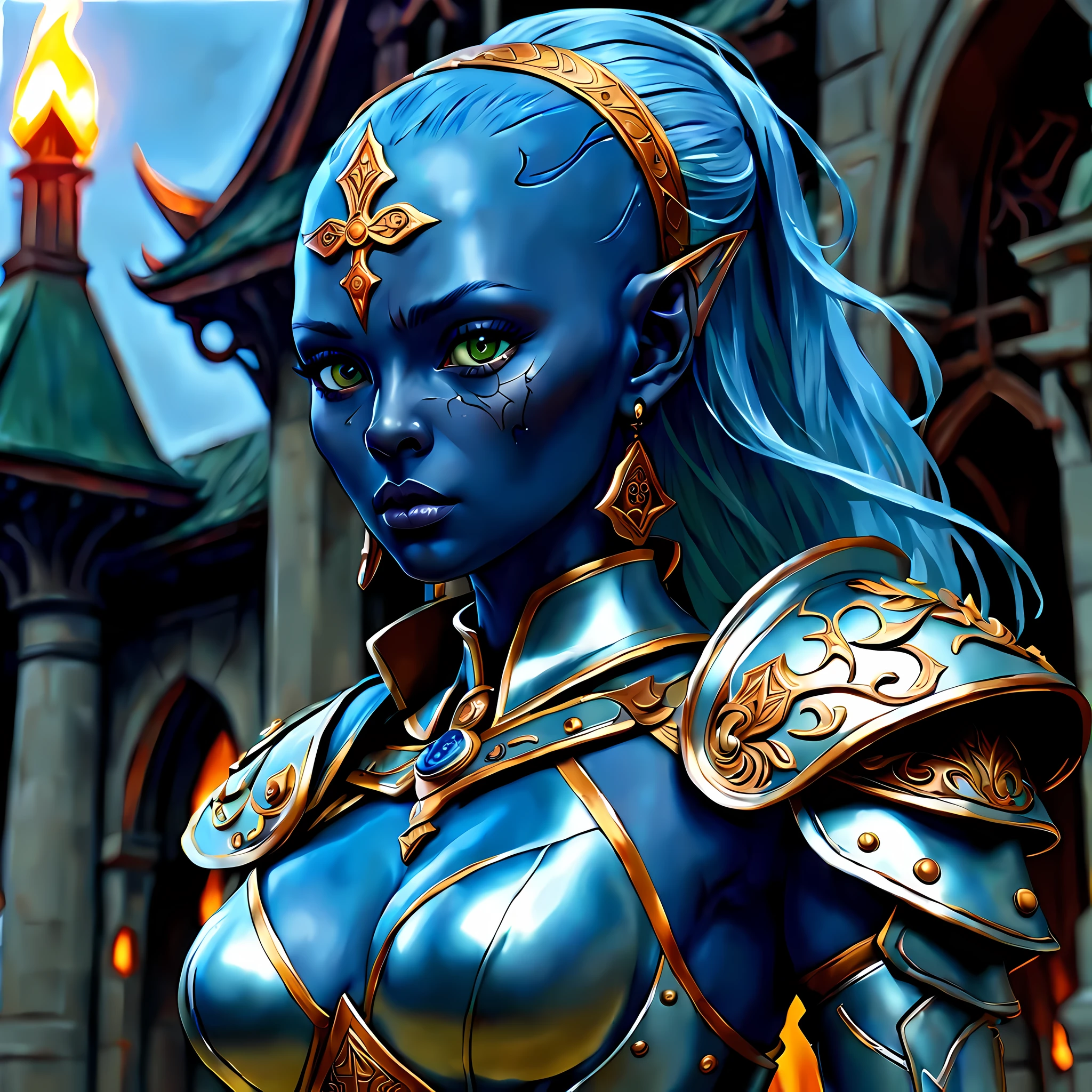 fantasy art, dnd art, RPG art, wide shot, (masterpiece: 1.4) a (portrait: 1.3) intense details, highly detailed, photorealistic, best quality, highres, portrait a female (fantasy art, Masterpiece, best quality: 1.3) ((blue skin: 1.5)), intense details facial details, exquisite beauty, (fantasy art, Masterpiece, best quality) cleric, (blue: 1.3) skinned female, bald head, (no ears: 1.5), (green: 1.3) eye, fantasy art, Masterpiece, best quality) armed a fiery sword red fire, wearing heavy (white: 1.3) half plate mail armor, wearing high heeled laced boots, wearing an(orange :1.3) cloak, wearing glowing holy symbol GlowingRunes_yellow, within fantasy temple background, reflection light, high details, best quality, 16k, [ultra detailed], masterpiece, best quality, (extremely detailed), close up, ultra wide shot, photorealistic, RAW, fantasy art, dnd art, fantasy art, realistic art,((best quality)), ((masterpiece)), (detailed), perfect face, 