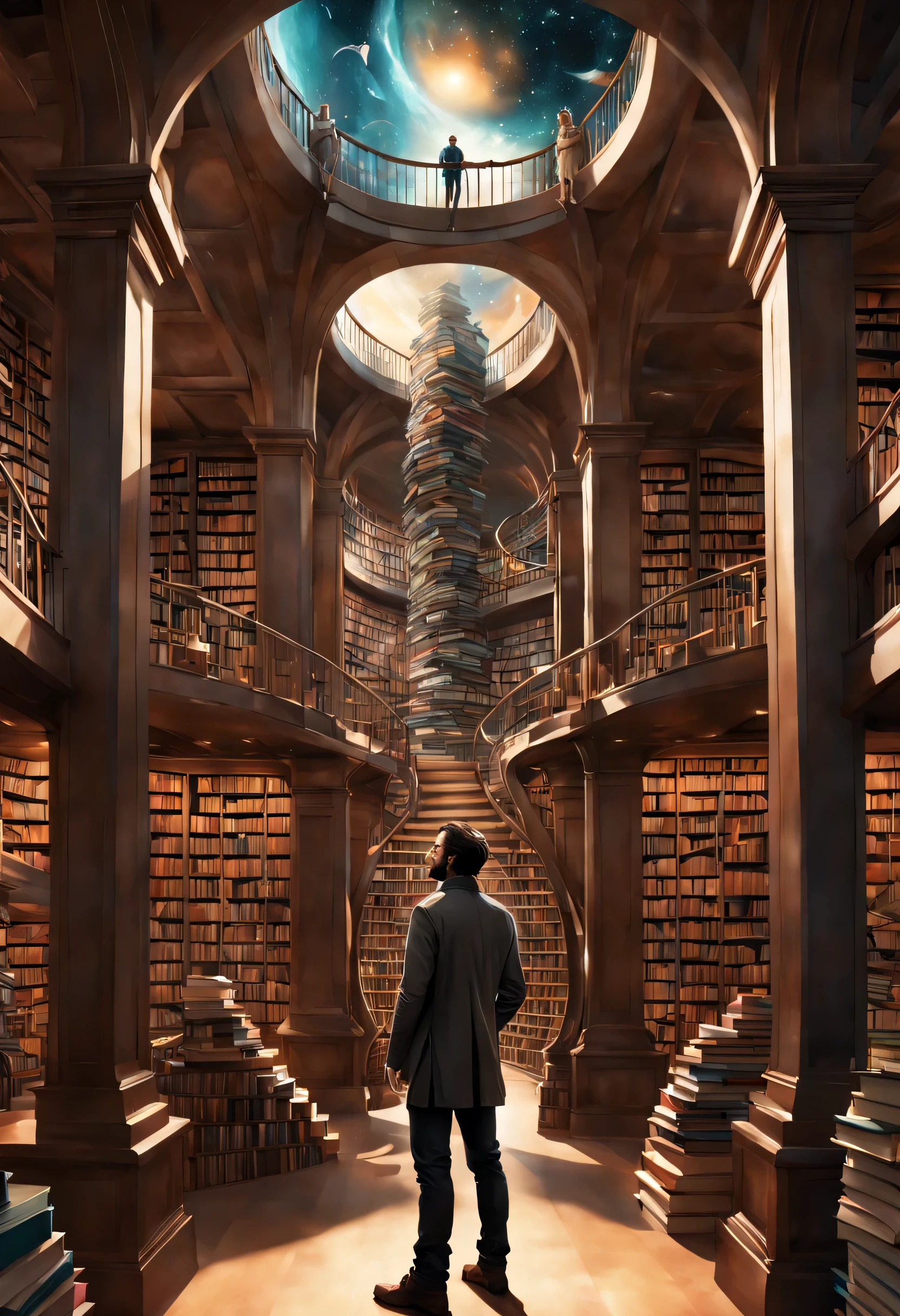 図書館で本を持って立っている男性の画像, 無限の本, ボーンスペースライブラリアートワーク, 本の洞窟, ファンタジー本のイラスト, 本が詰まった螺旋状の棚, 無限の天体図書館, 永遠の図書館, ゴシック叙事詩図書館のコンセプト, 魔法の図書館, 日本のSF本アート, ビープルとジャン・ジロー, そこら中に本がある
