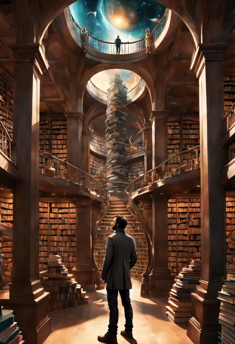 image of a man standing in a library with books, endless books, borne space library artwork, books cave, fantasy book illustrati...