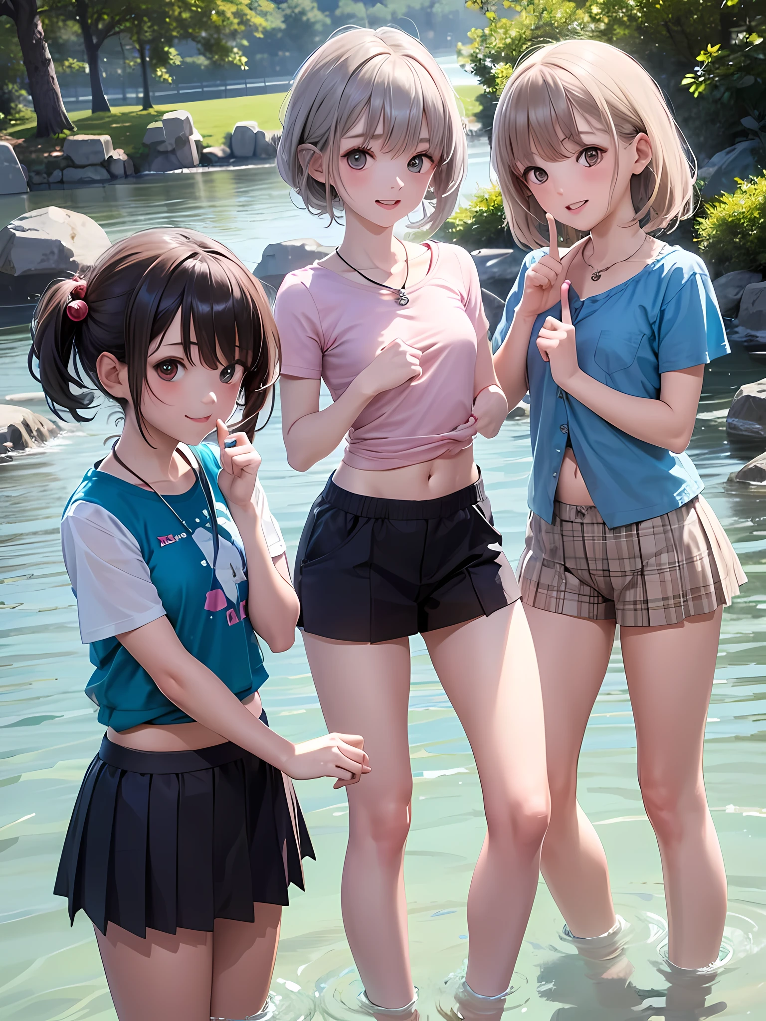 ((highest quality)), ((masterpiece)), (Cute baby girl), (3 girls:1.3), cute three girls are posing for a camera outdoors in the water, shirtをつかむ, stand side by side, (Close-up shot from the knee:1.3), perfect face, smile, (open your mouth and smile:1.3), embarrassed look, (precise fingers:1.3), hair band, head band, hair bobble, blouse, shirt, I can see your underwear, (pastel colored underwear), high resolution eyes, accurate eyes, (high resolution eyes:1.8), (High definition finger 1.8), light smile, , chest, realistic, 4-year-old, 5 years old, 6 years old, 7 years old, knee socks, short skirt, Asian, Westerners, silver hair, brown hair, blonde, belly button, jewelry, looking at the viewer, necklace, water, , Wet, long hair, short hair, abs,