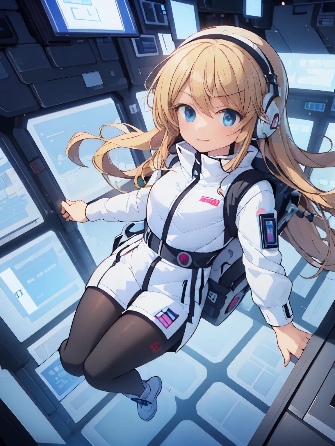 masterpiece, highest quality, High resolution, 1girl,solo, beautiful girl, (medium shot):2, (floating girl):8, (zero gravity):8, (Big jump):5, (flying):7, flight, fun, smile, (fall):8, dynamic angle, BREAK blonde hair,long hair,beautiful blue eyes,BREAK white downvest, headphone, headset, (white boots), Wind, Wind, Wind, BREAK, black belt, black stocking, black tights, black long sleeve BREAK inside futuristic space station, Scifi space ship room BREAK Astrovest,astrovest,bing_astronaut