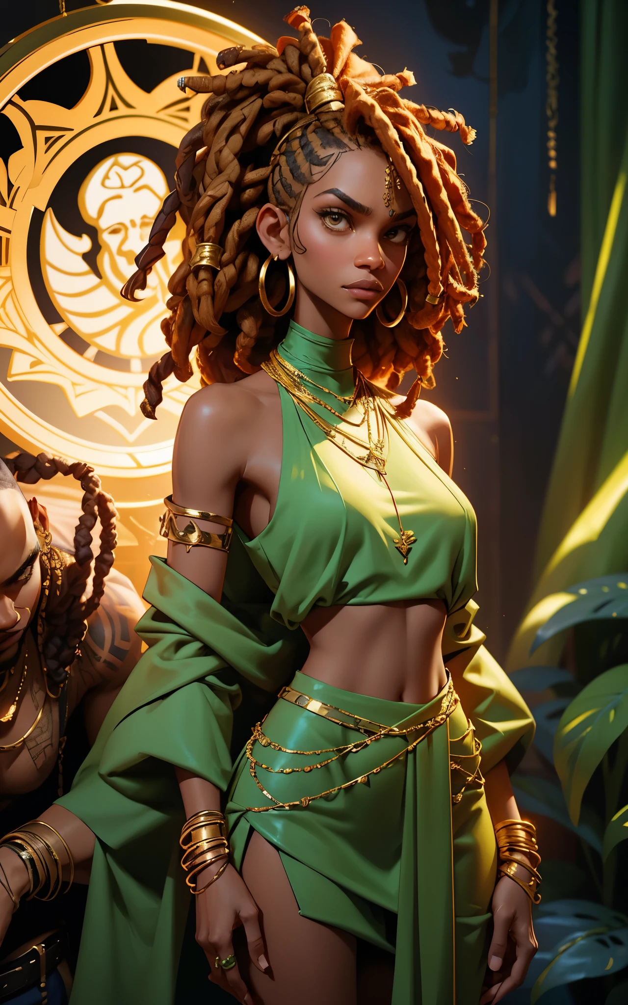 
(Zendaya:Halle Berry) dressed like a nigerian chaman, red green and yellow sleeveless tunic, (high top fade haircut and dreads) tribal tattoo in the face, (golden rings necklace), Lovecraft atmosphere, masterpiece, hyperdetailed