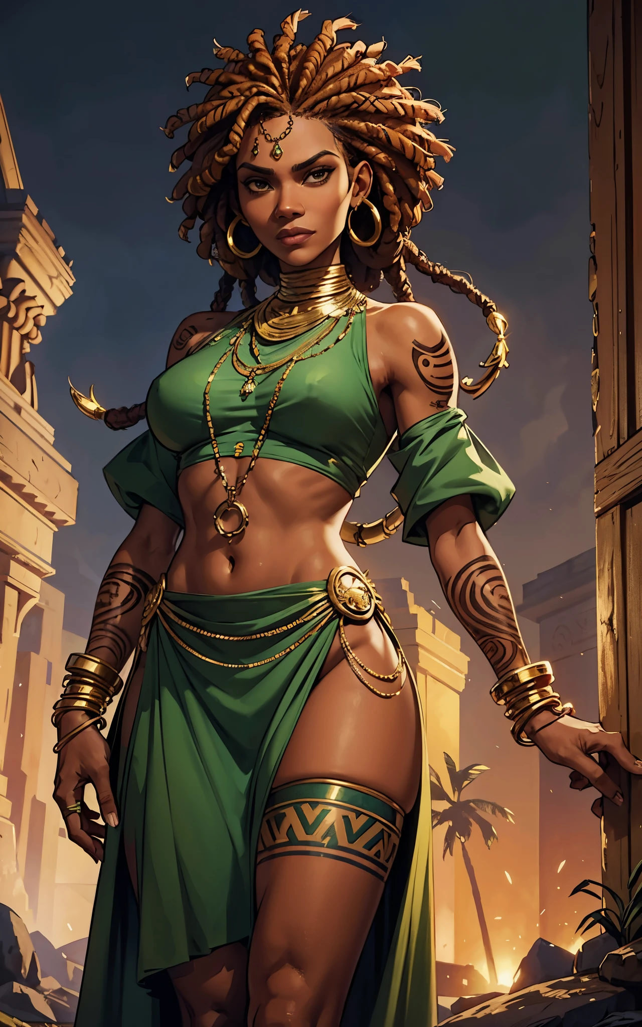 
(Zendaya:Halle Berry) dressed like a nigerian chaman, red green and yellow sleeveless tunic, (high top fade haircut and dreads) tribal tattoo in the face, (golden rings necklace), Lovecraft atmosphere, masterpiece, hyperdetailed