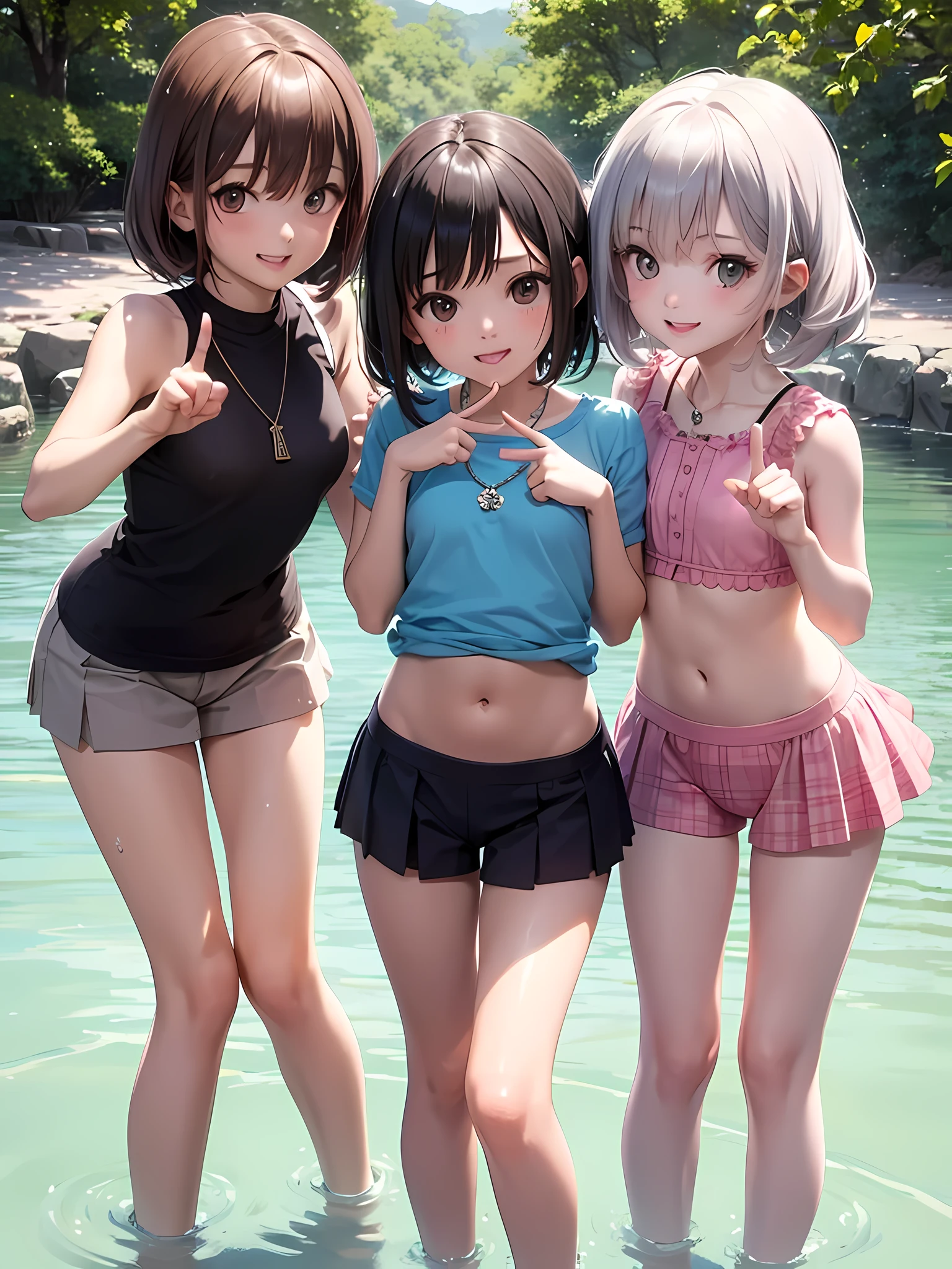 ((highest quality)), ((masterpiece)), (Cute baby girl), (3 girls:1.3), cute three girls are posing for a camera outdoors in the water, shirtをつかむ, stand side by side, (Close-up shot from the knee:1.3), perfect face, smile, (open your mouth and smile:1.3), embarrassed look, (precise fingers:1.3), hair band, head band, hair bobble, blouse, shirt, I can see your underwear, (pastel colored underwear), high resolution eyes, accurate eyes, (high resolution eyes:1.8), (High definition finger 1.8), light smile, , chest, realistic, 4-year-old, 5 years old, 6 years old, 7 years old, knee socks, short skirt, Asian, Westerners, silver hair, brown hair, blonde, belly button, jewelry, looking at the viewer, necklace, water, , Wet, long hair, short hair, abs,