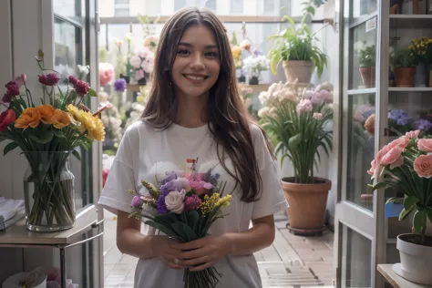 best quality、ultra high resolution、Full body female love、beautiful，outside the window, in heavy rain，Girl working in a flower shop、Different potted plants、many flowers，Wear a boyfriend style loose T-shirt，long hair，Bouquet is being made、Florist background，...