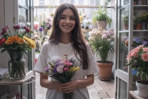 best quality、ultra high resolution、Full body female love、beautiful，outside the window, in heavy rain，Girl working in a flower shop、Different potted plants、Many flowers，Wear a boyfriend style loose T-shirt，long hair，Bouquet is being made、Florist background，...