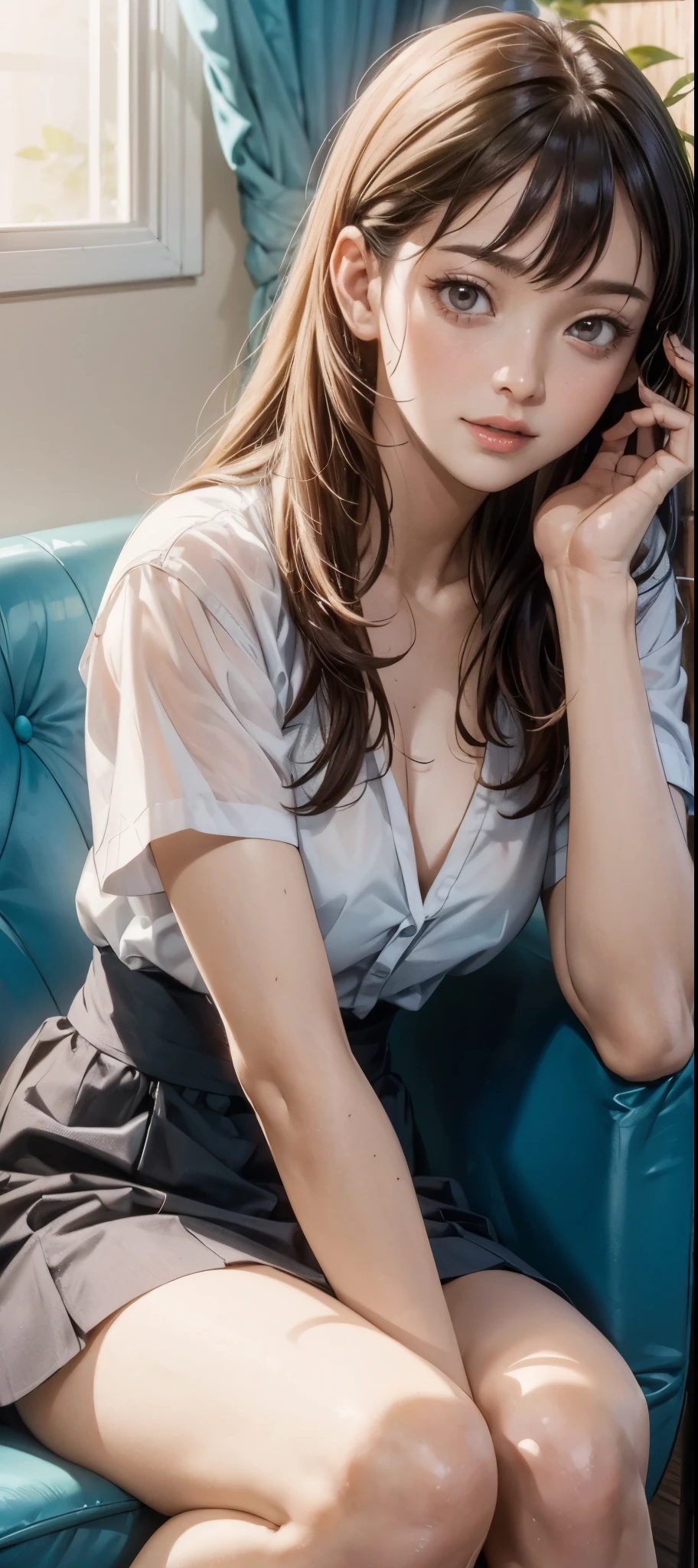 girl in summer clothes, white blouse, light blue shorts, pantyhose or long stockings, making like she wants to kiss you, view from viewer, medium breasts, cleavage, random backgroud, flirtatious look, ((very detailed)), (perfectly detailed face), (well detailed hand) photorealistic image.