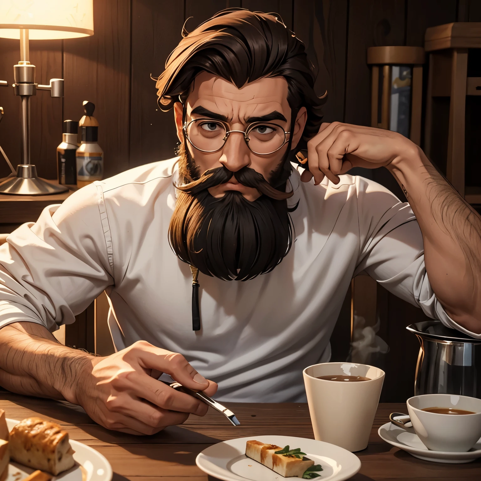 Homme aux cheveux mi-longs attachés longuement avec une barbe de taille moyenne portant des lunettes et une blouse blanche assis à une table fumant la pipe