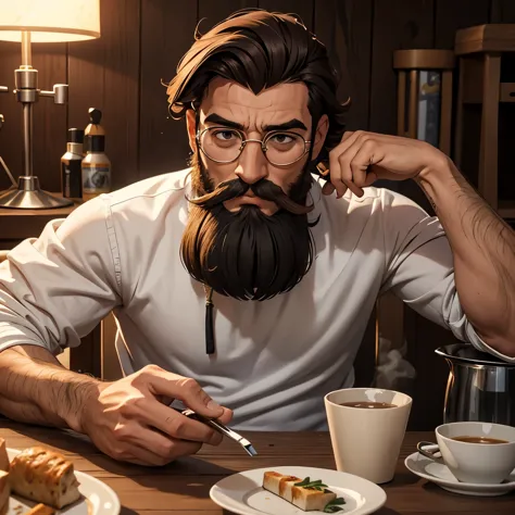 Homem de cabelo medio amarrado comprido com barba do tamanho medio usando oculos e cestido de jaleco branco  sentado em uma mesa...