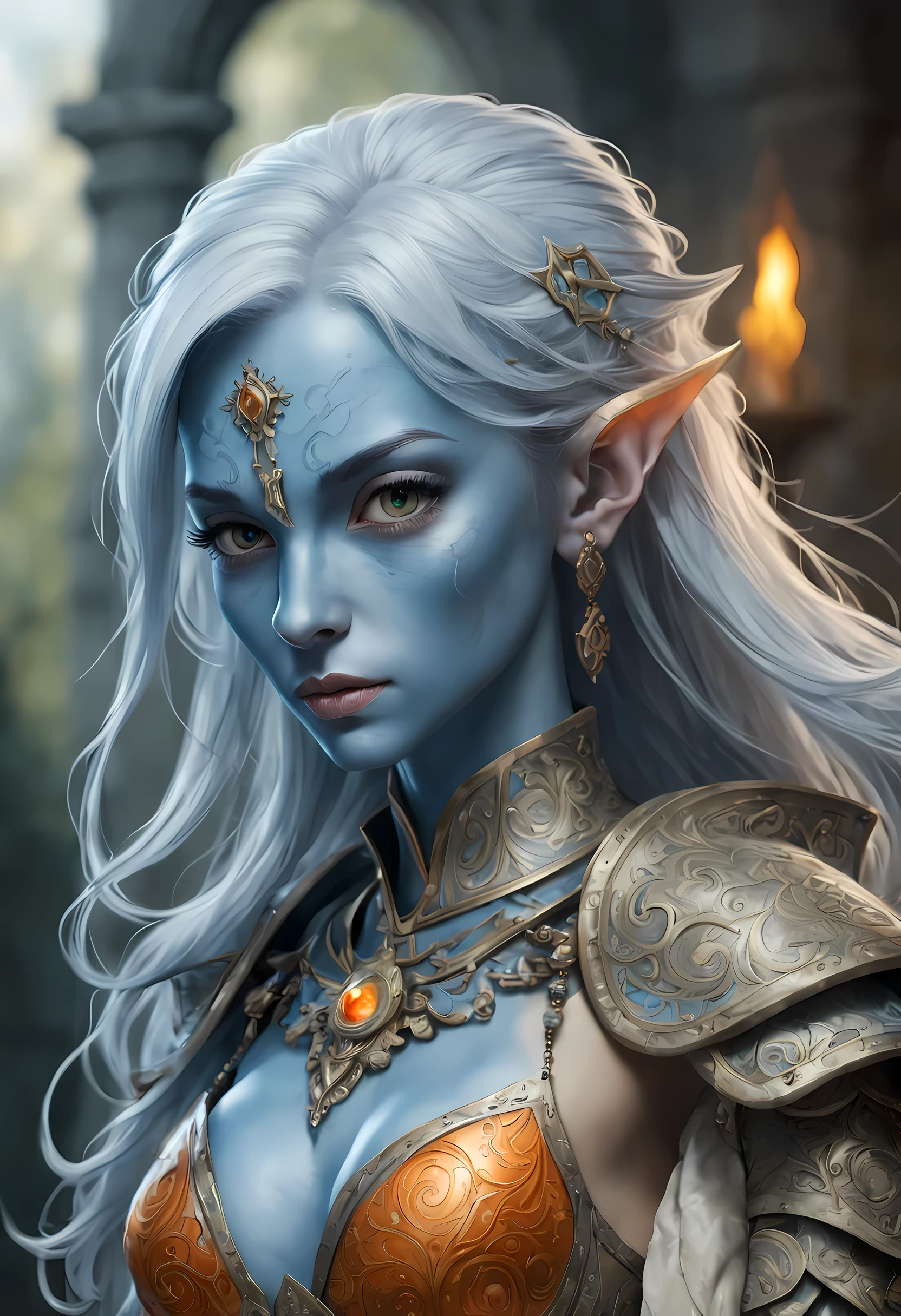fantasy art, dnd art, RPG art, wide shot, (masterpiece: 1.4) a (portrait: 1.3) intense details, highly detailed, photorealistic, best quality, highres, portrait a female (fantasy art, Masterpiece, best quality: 1.3) ((blue skin: 1.5)), intense details facial details, exquisite beauty, (fantasy art, Masterpiece, best quality) cleric, (blue: 1.3) skinned female, white hair, long hair, (hair hides ears: 1.5), (green: 1.3) eye, fantasy art, Masterpiece, best quality) armed a fiery sword red fire, wearing heavy (white: 1.3) half plate mail armor, wearing high heeled laced boots, wearing an(orange :1.3) cloak, wearing glowing holy symbol GlowingRunes_yellow, within fantasy temple background, reflection light, high details, best quality, 16k, [ultra detailed], masterpiece, best quality, (extremely detailed), close up, ultra wide shot, photorealistic, RAW, fantasy art, dnd art, fantasy art, realistic art,((best quality)), ((masterpiece)), (detailed), perfect face,