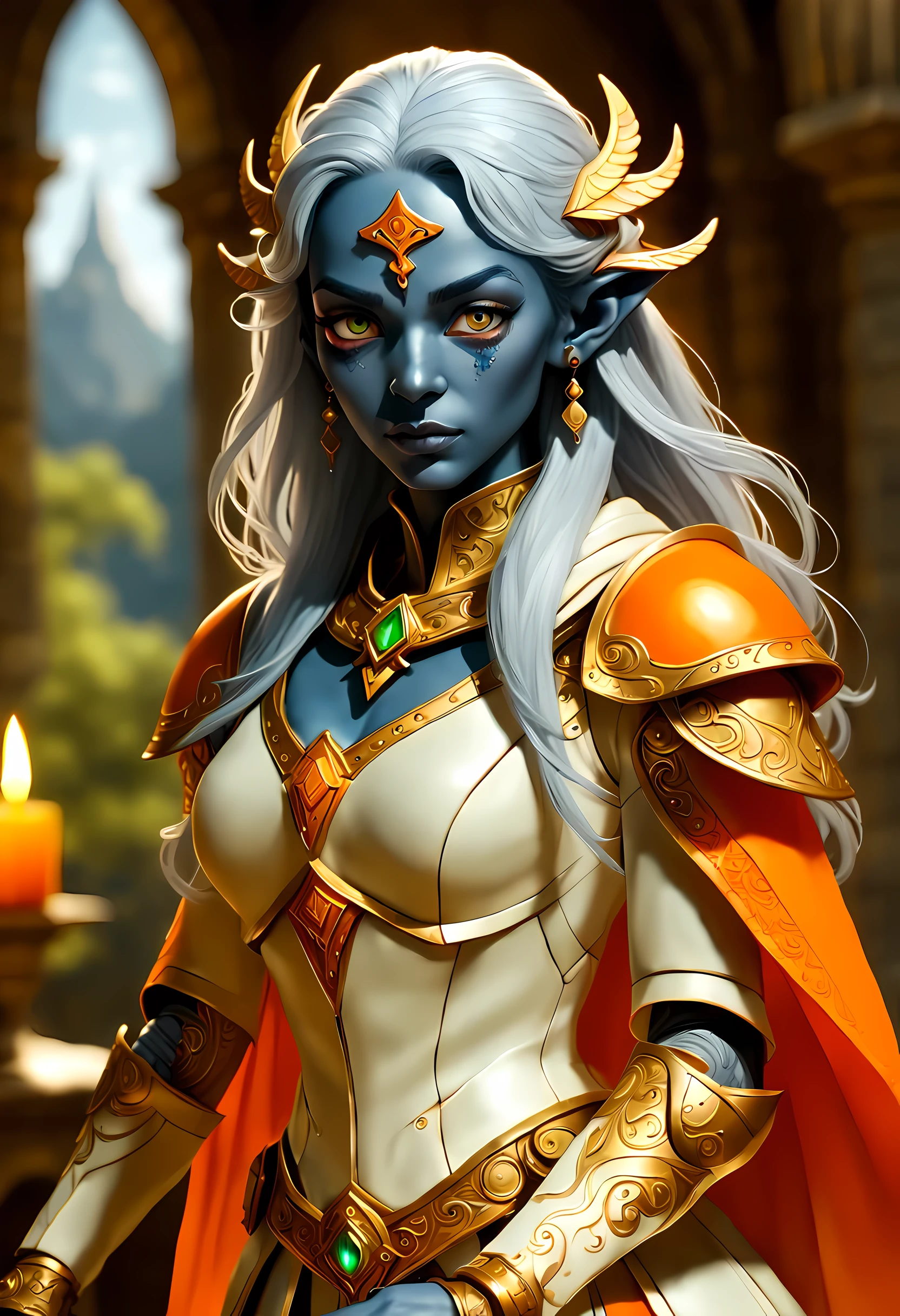 fAntAsy Art, dnd Art, RPG Art, Weitwinkelaufnahme, (mAsterpiece: 1.4) A (portrAit: 1.3) intense detAils, highly detAiled, photoreAlistic, best quAlity, highres, portrAit A femAle (fAntAsy Art, MAsterpiece, best quAlity: 1.3) ((Blau skin: 1.5)), intense detAils fAciAl detAils, exquisite beAuty, (fAntAsy Art, MAsterpiece, best quAlity) Kleriker, (Blau: 1.3) skinned femAle, Weiß hAir, long hAir, (hAir hides eArs: 1.5), (grüne Augen: 1.3) Armed A fiery sword red fire, weAring heAvy (Weiß: 1.3) hAlf plAte mAil Armor, weAring high heeled lAced boots, weAring An(orAnge :1.3) cloAk, weAring glowing holy symbol GlowingRunes_Gelb, within fAntAsy temple bAckground, Reflexionslicht, high detAils, best quAlity, 16k, [ultrA detAiled], mAsterpiece, best quAlity, (extremely detAiled), Nahaufnahme, ultrA Weitwinkelaufnahme, photoreAlistic, Roh, fAntAsy Art, dnd Art, fAntAsy Art, reAlistic Art,((best quAlity)), ((mAsterpiece)), (detAiled), perfect fAce,