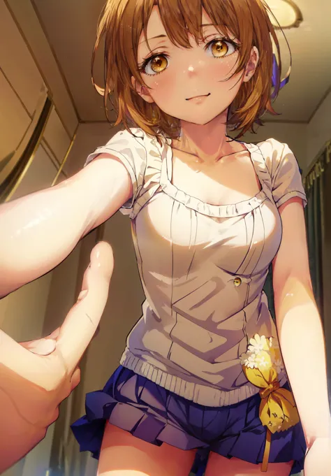 irohaisshiki, Isshiki Iroha, short hair, brown hair, (brown eyes:1.5), smile,looking at the viewer, heart-shaped eyes, blush，smile,show viewer, from below, concentrated, Beyond the particles of light, love hotel bedroom, yellow bra，yellow garter belt，yello...