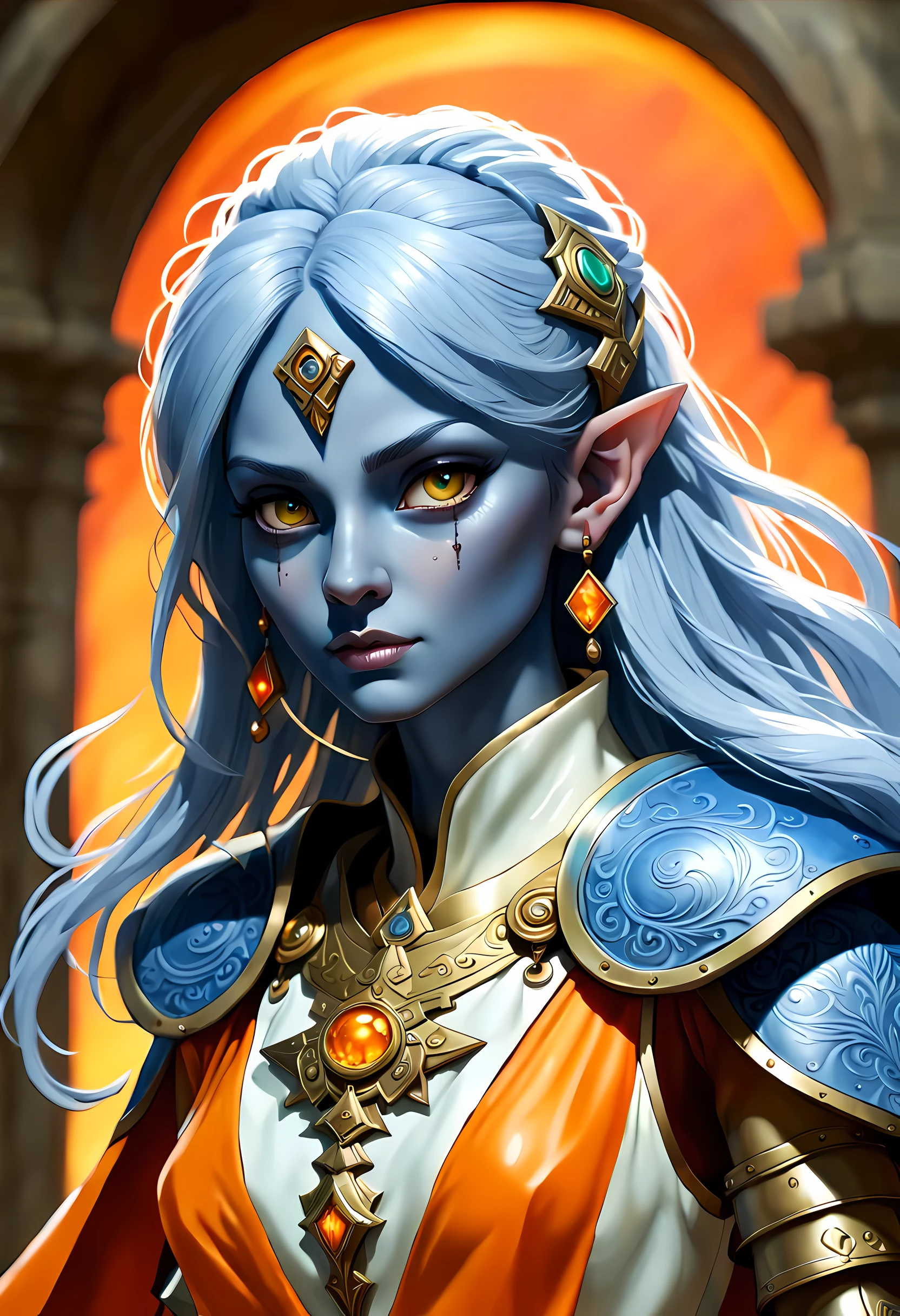 fAntAsy Art, dnd Art, RPG Art, Weitwinkelaufnahme, (mAsterpiece: 1.4) A (portrAit: 1.3) intense detAils, highly detAiled, photoreAlistic, best quAlity, highres, portrAit A femAle (fAntAsy Art, MAsterpiece, best quAlity: 1.3) ((Blau skin: 1.5)), intense detAils fAciAl detAils, exquisite beAuty, (fAntAsy Art, MAsterpiece, best quAlity) Kleriker, (Blau: 1.3) skinned femAle, Weiß hAir, long hAir, ((hAir hides eArs: 1.5)), (grüne Augen: 1.3) Armed A fiery sword red fire, weAring heAvy (Weiß: 1.3) hAlf plAte mAil Armor, weAring high heeled lAced boots, weAring An(orAnge :1.3) cloAk, weAring glowing holy symbol GlowingRunes_Gelb, within fAntAsy temple bAckground, Reflexionslicht, high detAils, best quAlity, 16k, [ultrA detAiled], mAsterpiece, best quAlity, (extremely detAiled), Nahaufnahme, ultrA Weitwinkelaufnahme, photoreAlistic, Roh, fAntAsy Art, dnd Art, fAntAsy Art, reAlistic Art,((best quAlity)), ((mAsterpiece)), (detAiled), perfect fAce,