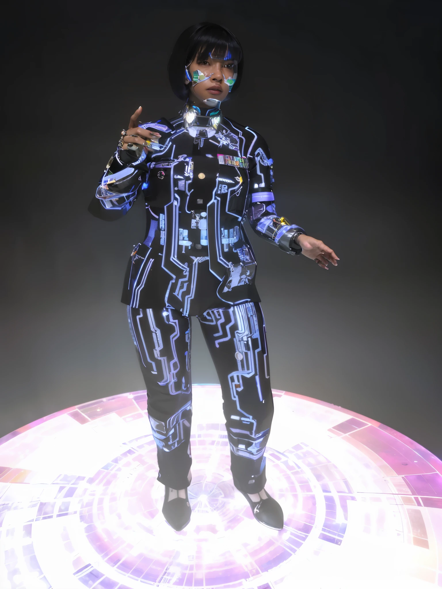 arafed woman in a futuristic officer suit standing on a circular surface, holographic officer, (hyper realistic artificial female officer), cyber suit, cyborg naval officer, military holograms, cyberpunk suit, science fiction suit, cyber avatar, photo realistic hologram, sci - fi suit, fashionable female naval officer, artificial intelligence naval officer, lecturing hologram, diverse cybersuits
