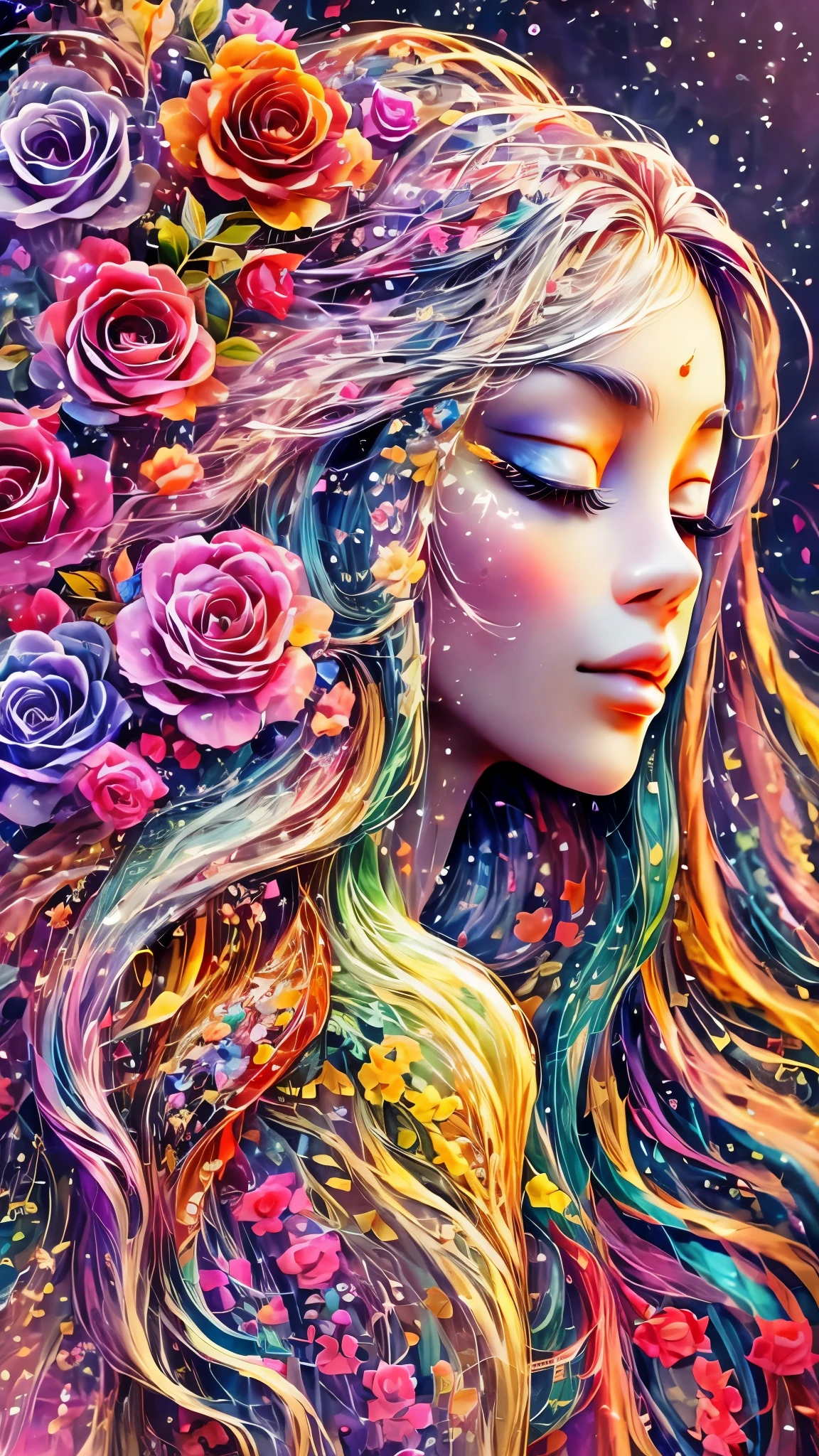 (Side face beauty,long colored hair,close eyes,masterpiece roses),Rainbow color background, (illustration:1.2,paper art:1.2, Zentangle:1.2, 3d rendering),(best quality, detailed details, masterpiece, official art, Lighting effects, 4K, chiaroscuro)