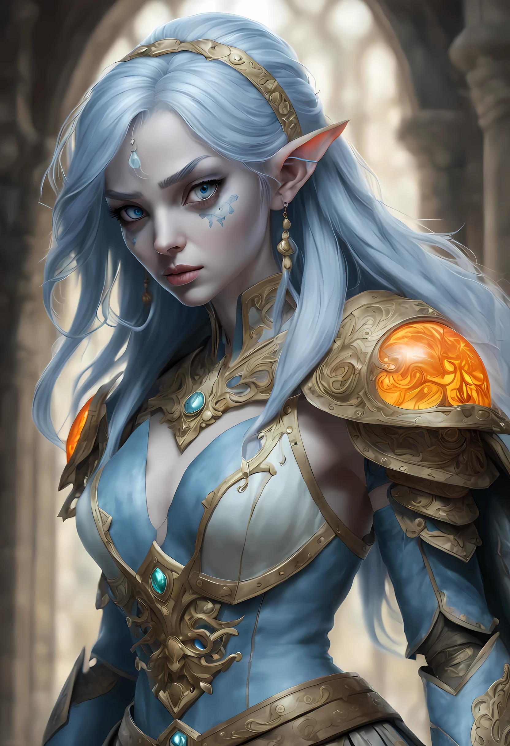 fantasy art, dnd art, RPG art, wide shot, (masterpiece: 1.4) a (portrait: 1.3) intense details, highly detailed, photorealistic, best quality, highres, portrait a female (fantasy art, Masterpiece, best quality: 1.3) ((blue skin: 1.5)), intense details facial details, exquisite beauty, (fantasy art, Masterpiece, best quality) cleric, (blue: 1.3) skinned female, white hair, long hair, (hair hides ears: 1.5), (green: 1.3) eye, fantasy art, Masterpiece, best quality) armed a fiery sword red fire, wearing heavy (white: 1.3) half plate mail armor, wearing high heeled laced boots, wearing an(orange :1.3) cloak, wearing glowing holy symbol GlowingRunes_yellow, within fantasy temple background, reflection light, high details, best quality, 16k, [ultra detailed], masterpiece, best quality, (extremely detailed), close up, photorealistic, RAW, fantasy art, dnd art, fantasy art, realistic art,((best quality)), ((masterpiece)), (detailed), perfect face,