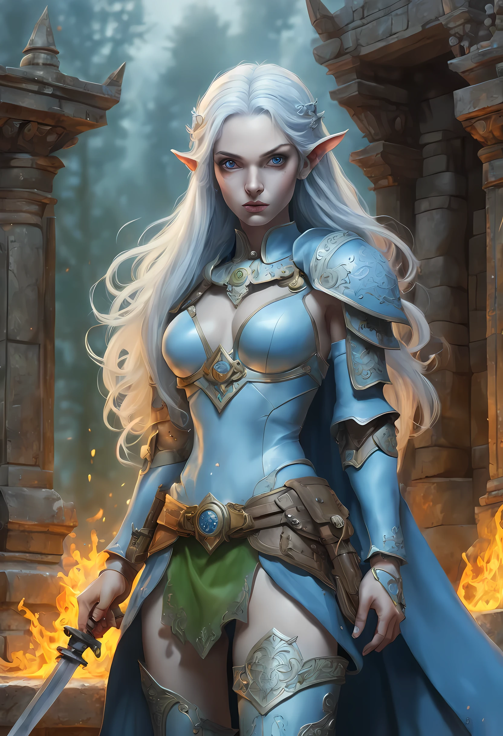 fantasy art, dnd art, RPG art, wide shot, (masterpiece: 1.4) a (portrait: 1.3) intense details, highly detailed, photorealistic, best quality, highres, portrait a female (fantasy art, Masterpiece, best quality: 1.3) ((blue skin: 1.5)), intense details facial details, exquisite beauty, (fantasy art, Masterpiece, best quality) cleric, (blue: 1.3) skinned female, white hair, long hair, (hair hides ears: 1.5), (green: 1.3) eye, fantasy art, Masterpiece, best quality) armed a fiery sword red fire, wearing heavy (white: 1.3) half plate mail armor, wearing high heeled laced boots, wearing an(orange :1.3) cloak, wearing glowing holy symbol GlowingRunes_yellow, within fantasy temple background, reflection light, high details, best quality, 16k, [ultra detailed], masterpiece, best quality, (extremely detailed), close up, photorealistic, RAW, fantasy art, dnd art, fantasy art, realistic art,((best quality)), ((masterpiece)), (detailed), perfect face,