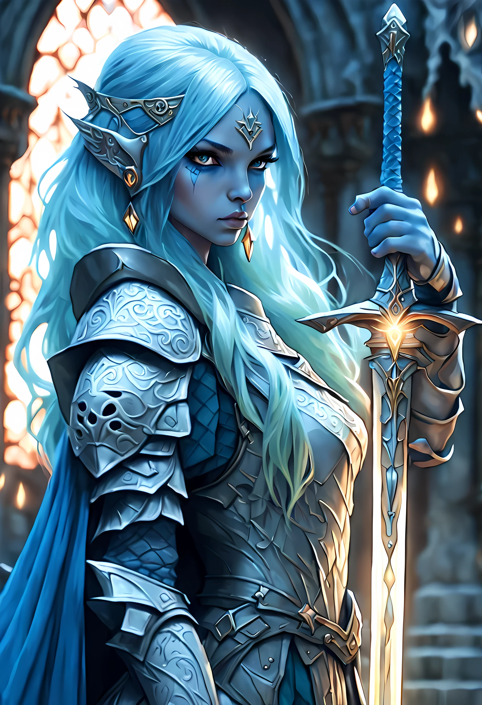 fantasy art, dnd art, RPG art, portrait, (masterpiece: 1.4) a (portrait: 1.3) intense details, highly detailed, photorealistic, best quality, highres, portrait a female (fantasy art, Masterpiece, best quality: 1.3) ((blue skin: 1.5)), intense details facial details, exquisite beauty, (fantasy art, Masterpiece, best quality) cleric, (blue: 1.3) skinned female, white hair, long hair, (hair hides ears: 1.5), (green: 1.3) eye, fantasy art, Masterpiece, best quality) armed a fiery sword red fire, wearing heavy (white: 1.3) half plate mail armor, wearing high heeled laced boots, wearing an(orange :1.3) cloak, wearing glowing holy symbol GlowingRunes_yellow, within fantasy temple background, reflection light, high details, best quality, 16k, [ultra detailed], masterpiece, best quality, (extremely detailed), close up, photorealistic, RAW, fantasy art, dnd art, fantasy art, realistic art,((best quality)), ((masterpiece)), (detailed), perfect face,