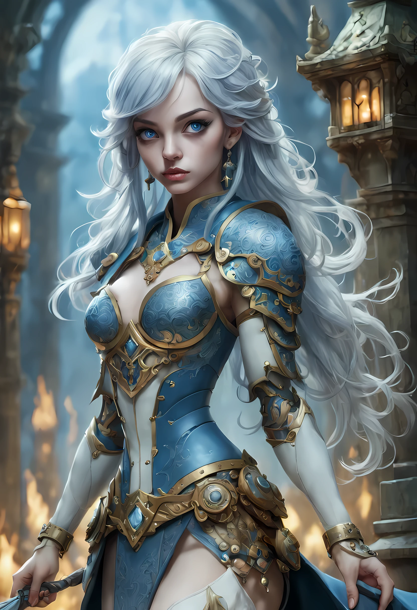 fantasy art, dnd art, RPG art, wide shot, (masterpiece: 1.4) a (portrait: 1.3) intense details, highly detailed, photorealistic, best quality, highres, portrait a female (fantasy art, Masterpiece, best quality: 1.3) ((blue skin: 1.5)), intense details facial details, exquisite beauty, (fantasy art, Masterpiece, best quality) cleric, (blue: 1.3) skinned female, white hair, long hair, (hair hides ears: 1.5), (green: 1.3) eye, fantasy art, Masterpiece, best quality) armed a fiery sword red fire, wearing heavy (white: 1.3) half plate mail armor, wearing high heeled laced boots, wearing an(orange :1.3) cloak, wearing glowing holy symbol GlowingRunes_yellow, within fantasy temple background, reflection light, high details, best quality, 16k, [ultra detailed], masterpiece, best quality, (extremely detailed), close up, photorealistic, RAW, fantasy art, dnd art, fantasy art, realistic art,((best quality)), ((masterpiece)), (detailed), perfect face,