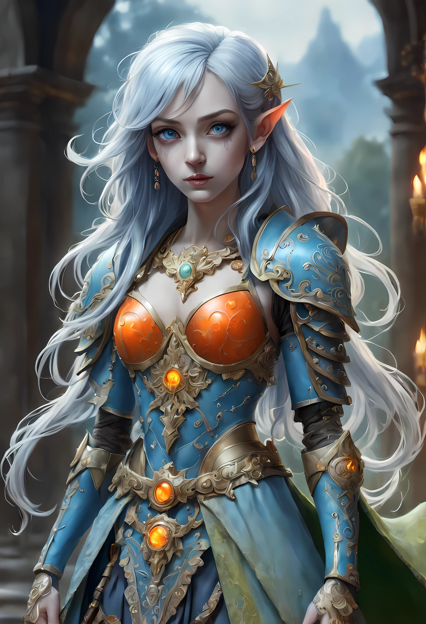 fAntAsy Art, dnd Art, RPG Art, 廣角鏡頭, (mAsterpiece: 1.4) A (portrAit: 1.3) intense detAils, highly detAiled, photoreAlistic, best quAlity, 高解析度, portrAit A femAle (fAntAsy Art, MAsterpiece, best quAlity: 1.3) ((藍色的 skin: 1.5)), intense detAils fAciAl detAils, exquisite beAuty, (fAntAsy Art, MAsterpiece, best quAlity) 牧師, (藍色的: 1.3) skinned femAle, 白色的 hAir, long hAir, (hAir hides eArs: 1.5), (綠色的: 1.3) 眼睛, fAntAsy Art, MAsterpiece, best quAlity) Armed A fiery sword red fire, weAring heAvy (白色的: 1.3) hAlf plAte mAil Armor, weAring high heeled lAced boots, weAring An(orAnge :1.3) cloAk, weAring glowing holy symbol GlowingRunes_黃色的, within fAntAsy temple bAckground, 反射光, high detAils, best quAlity, 16k, [ultrA detAiled], mAsterpiece, best quAlity, (extremely detAiled), 特寫, photoreAlistic, 生的, fAntAsy Art, dnd Art, fAntAsy Art, reAlistic Art,((best quAlity)), ((mAsterpiece)), (detAiled), perfect fAce,