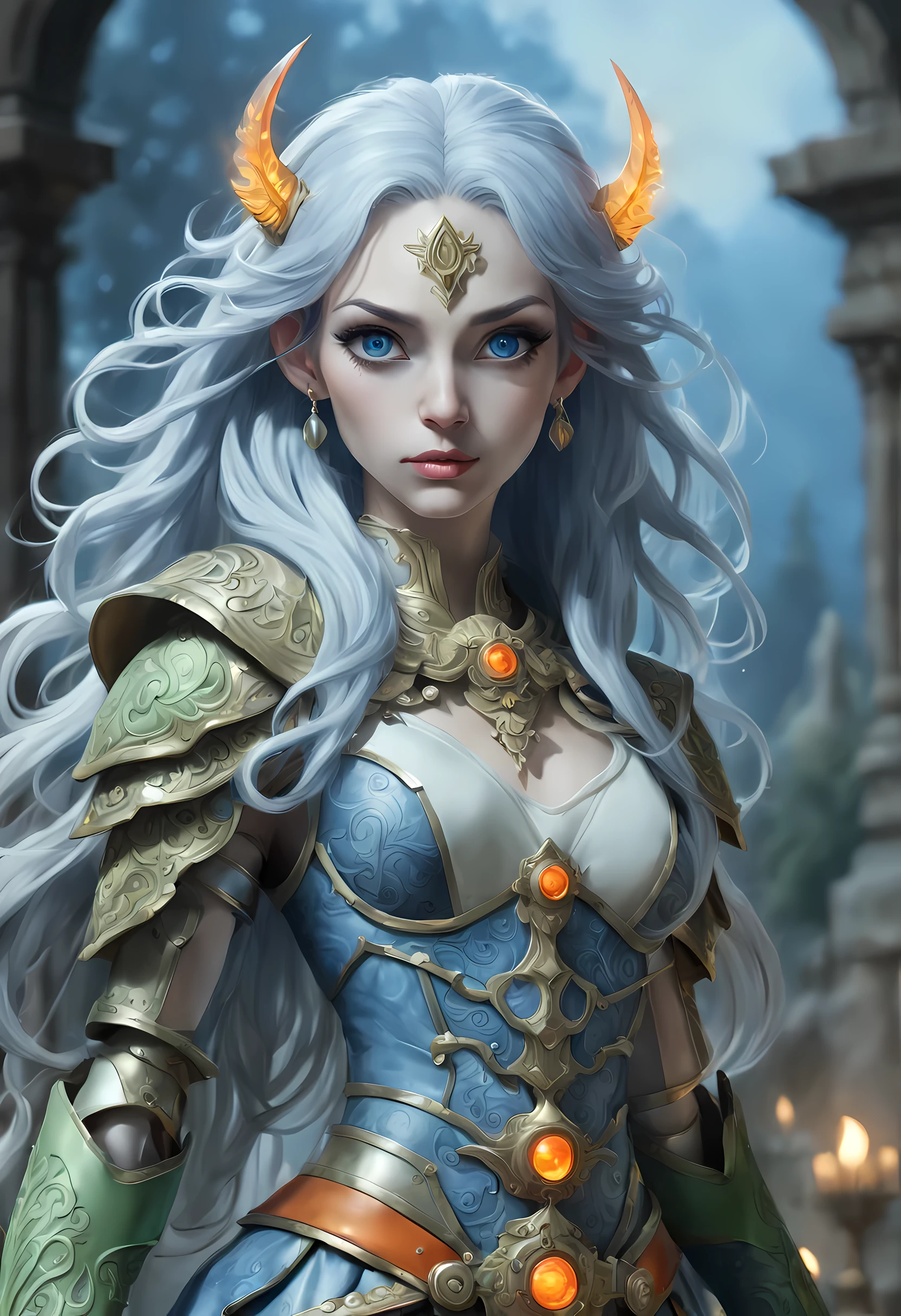 fantasy art, dnd art, RPG art, wide shot, (masterpiece: 1.4) a (portrait: 1.3) intense details, highly detailed, photorealistic, best quality, highres, portrait a female (fantasy art, Masterpiece, best quality: 1.3) ((blue skin: 1.5)), intense details facial details, exquisite beauty, (fantasy art, Masterpiece, best quality) cleric, (blue: 1.3) skinned female, white hair, long hair, (hair hides ears: 1.5), (green: 1.3) eye, fantasy art, Masterpiece, best quality) armed a fiery sword red fire, wearing heavy (white: 1.3) half plate mail armor, wearing high heeled laced boots, wearing an(orange :1.3) cloak, wearing glowing holy symbol GlowingRunes_yellow, within fantasy temple background, reflection light, high details, best quality, 16k, [ultra detailed], masterpiece, best quality, (extremely detailed), close up, photorealistic, RAW, fantasy art, dnd art, fantasy art, realistic art,((best quality)), ((masterpiece)), (detailed), perfect face,