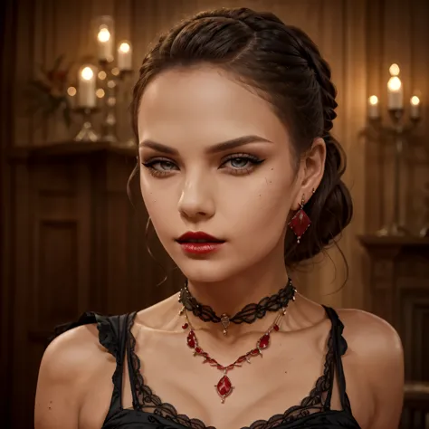 Very very very sexy girl, ((1girl)), solo, brunette hair, ((hair slicked back)), ((wearing black dress)), ((wearing a Halloween ...