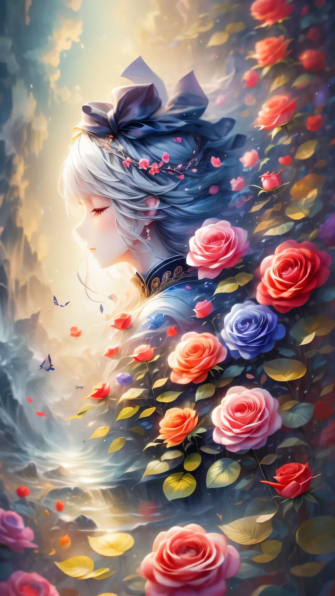 (Side face beauty,long colored hair,close eyes,masterpiece roses),Rainbow color background, (illustration:1.2,paper art:1.2, Zentangle:1.2, 3d rendering),(best quality, detailed details, masterpiece, official art, Lighting effects, 4K, chiaroscuro)