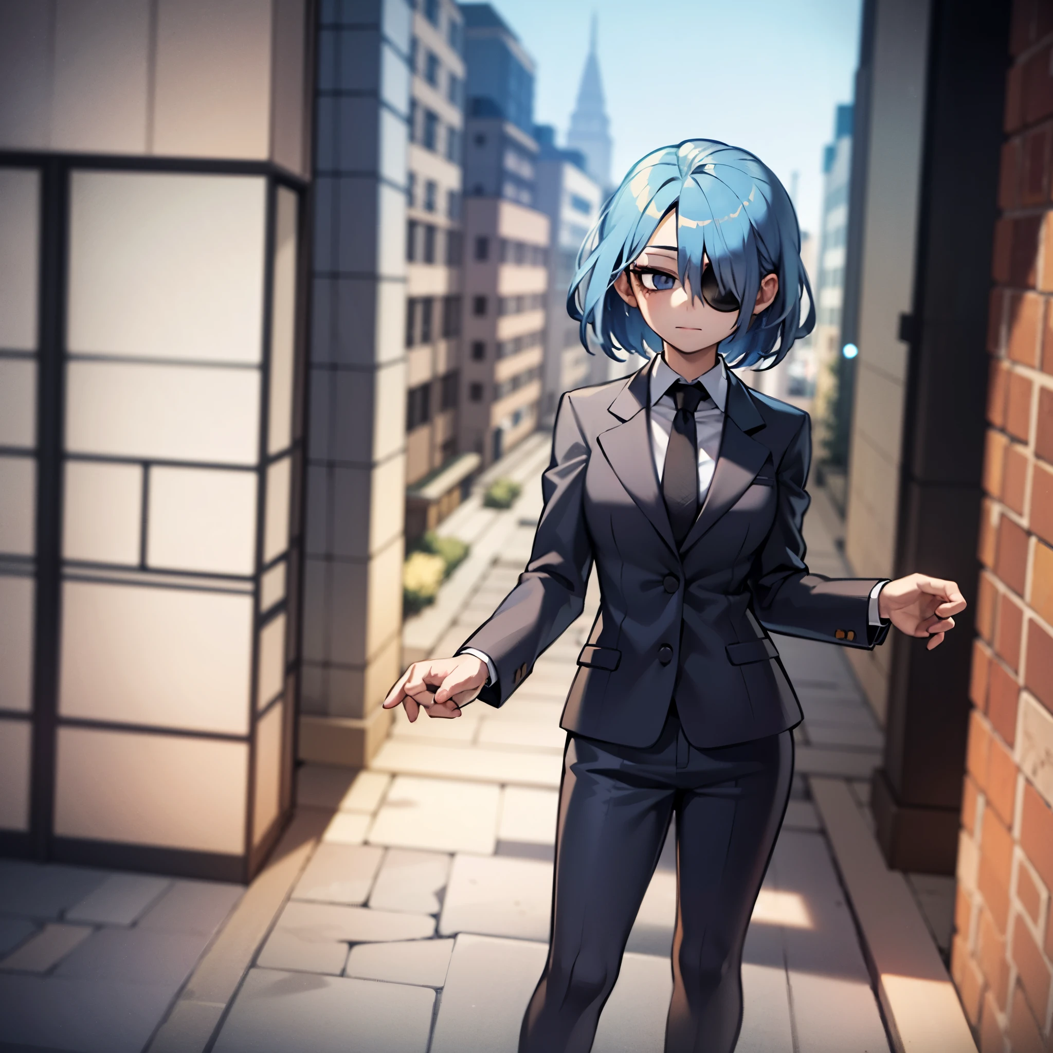 young girl, wearing blue hair, symetric hair, blue eye, wearing a eye patch, black eye patch, wearing suir, black suit, in a city, looking at vieweer, 4k, masterpiece, 