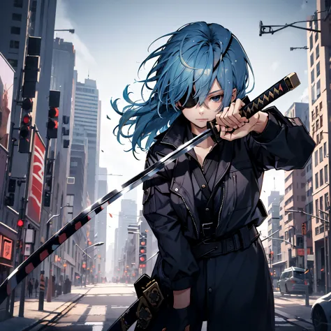young girl, wearing blue hair, symetric hair, blue eye, wearing a eye patch, black eye patch, wearing suir, black suit, in a cit...