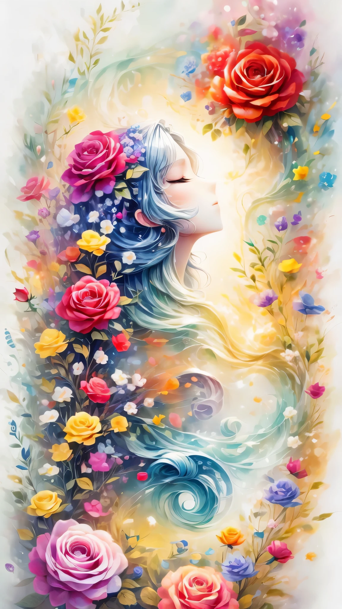 (Side face beauty,long colored hair,close eyes,masterpiece roses),Rainbow color background, (illustration:1.2,paper art:1.2, Zentangle:1.2, 3d rendering),(best quality, detailed details, masterpiece, official art, Lighting effects, 4K, chiaroscuro)