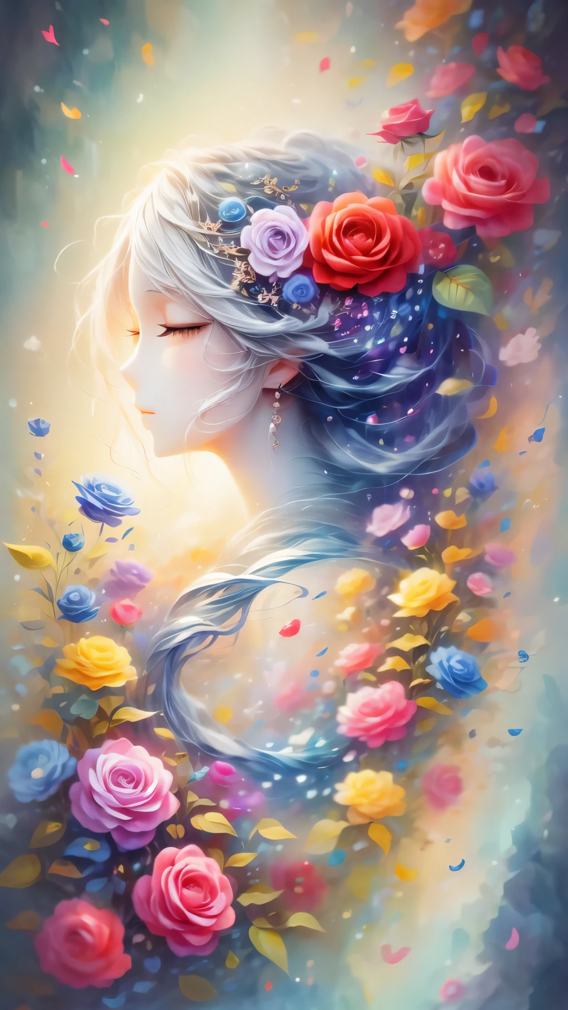 (Side face beauty,long colored hair,close eyes,masterpiece roses),Rainbow color background, (illustration:1.2,paper art:1.2, Zentangle:1.2, 3d rendering),(best quality, detailed details, masterpiece, official art, Lighting effects, 4K, chiaroscuro)