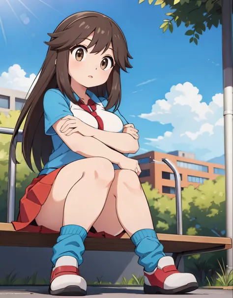 leaf pokemon sitting at a bus stop,focused,looking at a map,long hair,red skirt, blue shirt, brown eyes, loose socks, white footwear, upskirt, body shape, chubby thighs,confused,illustration,having a detailed face and expression,detailed hair,beautiful eye...