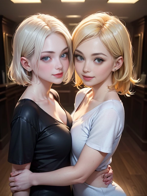(best quality, 8k, highres, photorealistic:2.0), (two girls:2.0),(lighting: front),(lighting: strong),(ultimate beautiful girl:2.0),(shiny skin),(oily skin),(platinum blonde hair:1.5),Blush brown makeup , dark eye makeup , use pink glossy lipstick,(big eyes girl:1.5),(girl amazing sex appeal:1.5),(lesbian partner:1.5),(two people who love each other very much),(look at each other with a smile:1.5),(Flirty showing off to the viewer:1.3),(wearing casual clothes),(touch each other's bodies)