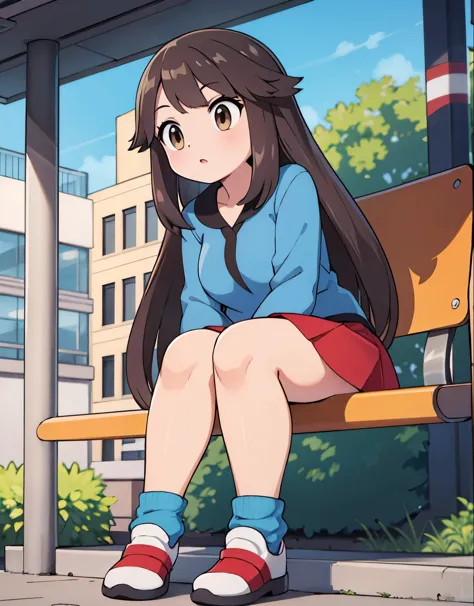 leaf pokemon sitting at a bus stop,focused,looking at a map,long hair,red skirt, blue shirt, brown eyes, loose socks, white footwear, upskirt, body shape, chubby thighs,confused,illustration,having a detailed face and expression,detailed hair,beautiful eye...