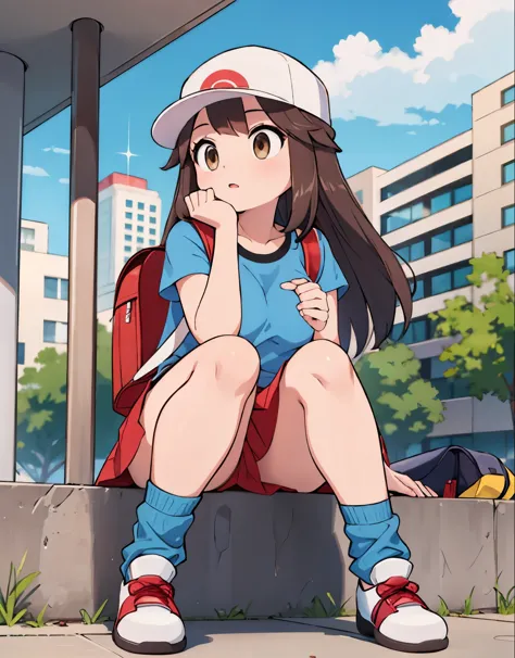 leaf pokemon sitting at a bus stop,focused,looking at a map,red skirt, blue shirt, brown eyes, long hair, long legs, loose socks, white footwear, upskirt, body shape, chubby thighs,a backpack beside her,confused,illustration,having a detailed face and expr...