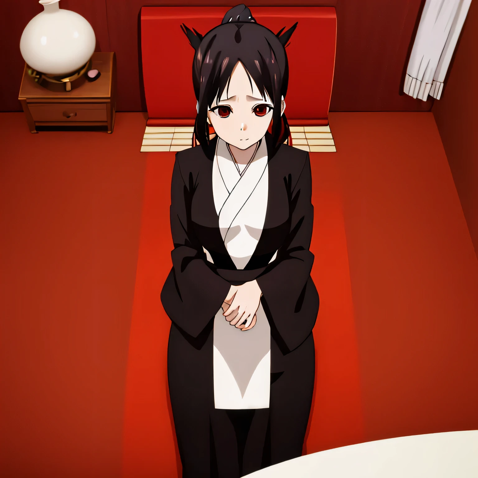 Anime character sitting on a bed in a room with a red chair - SeaArt AI