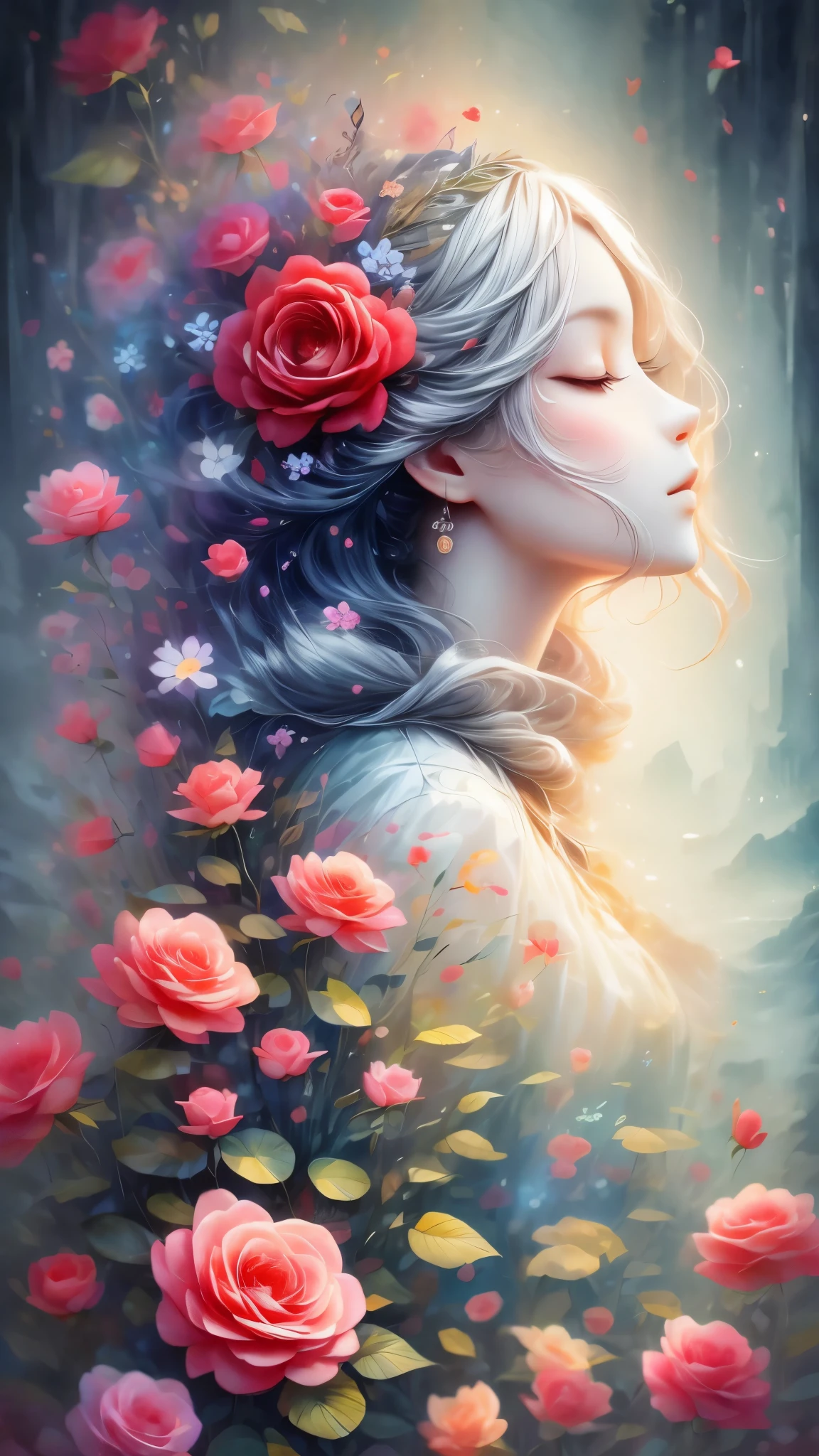 (Side face beauty,long colored hair,close eyes,masterpiece roses),Rainbow color background, (illustration:1.2,paper art:1.2, Zentangle:1.2, 3d rendering),(best quality, detailed details, masterpiece, official art, Lighting effects, 4K, chiaroscuro)