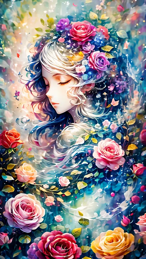 (Side face beauty,long colored hair,close eyes,masterpiece roses),Rainbow color background, (illustration:1.2,paper art:1.2, Zen...