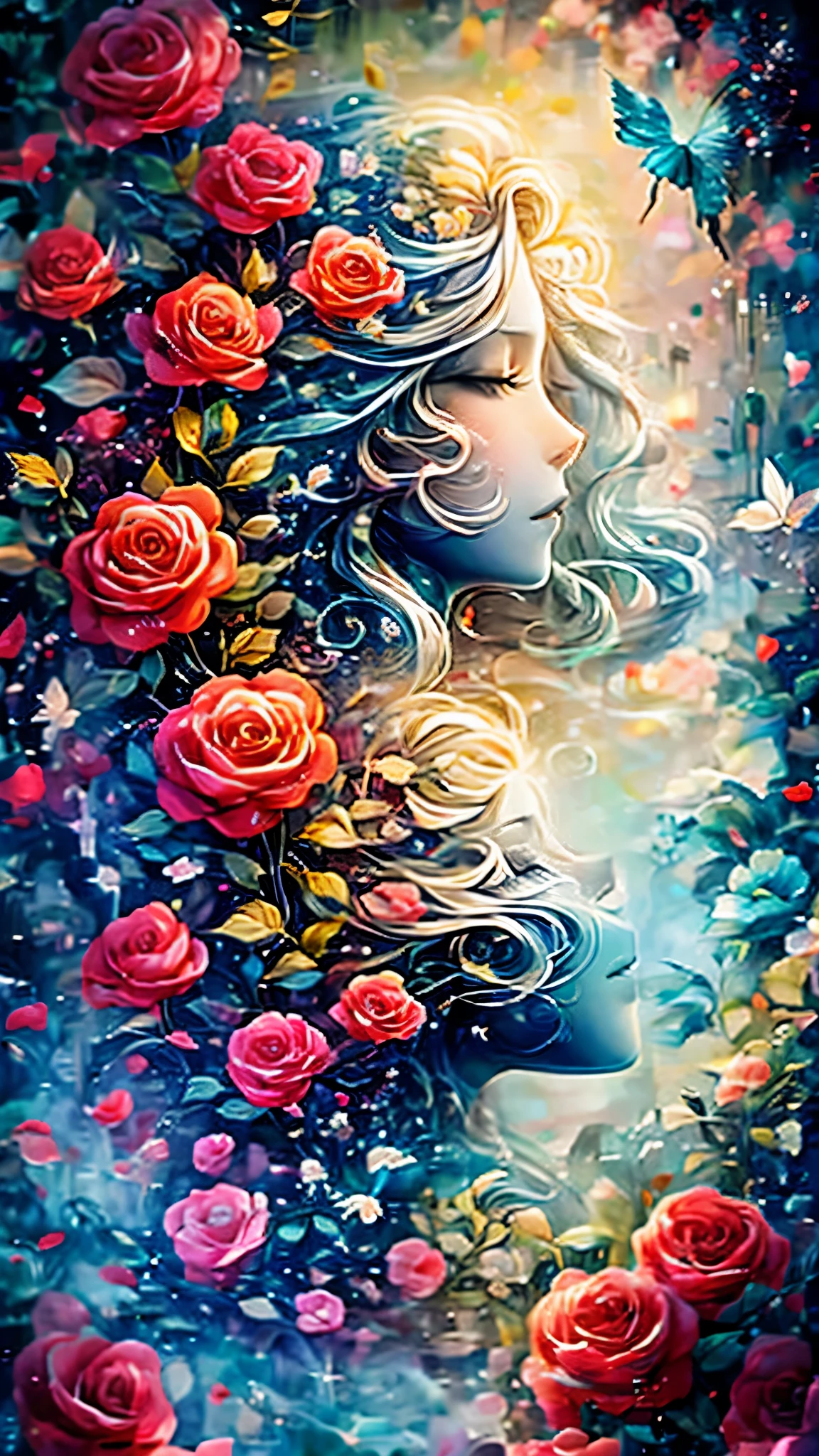 (Side face beauty,long colored hair,close eyes,masterpiece roses),Rainbow color background, (illustration:1.2,paper art:1.2, Zentangle:1.2, 3d rendering),(best quality, detailed details, masterpiece, official art, Lighting effects, 4K, chiaroscuro)