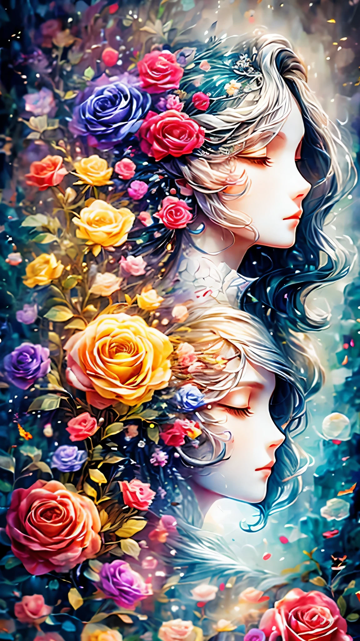(Side face beauty,long colored hair,close eyes,masterpiece roses),Rainbow color background, (illustration:1.2,paper art:1.2, Zentangle:1.2, 3d rendering),(best quality, detailed details, masterpiece, official art, Lighting effects, 4K, chiaroscuro)