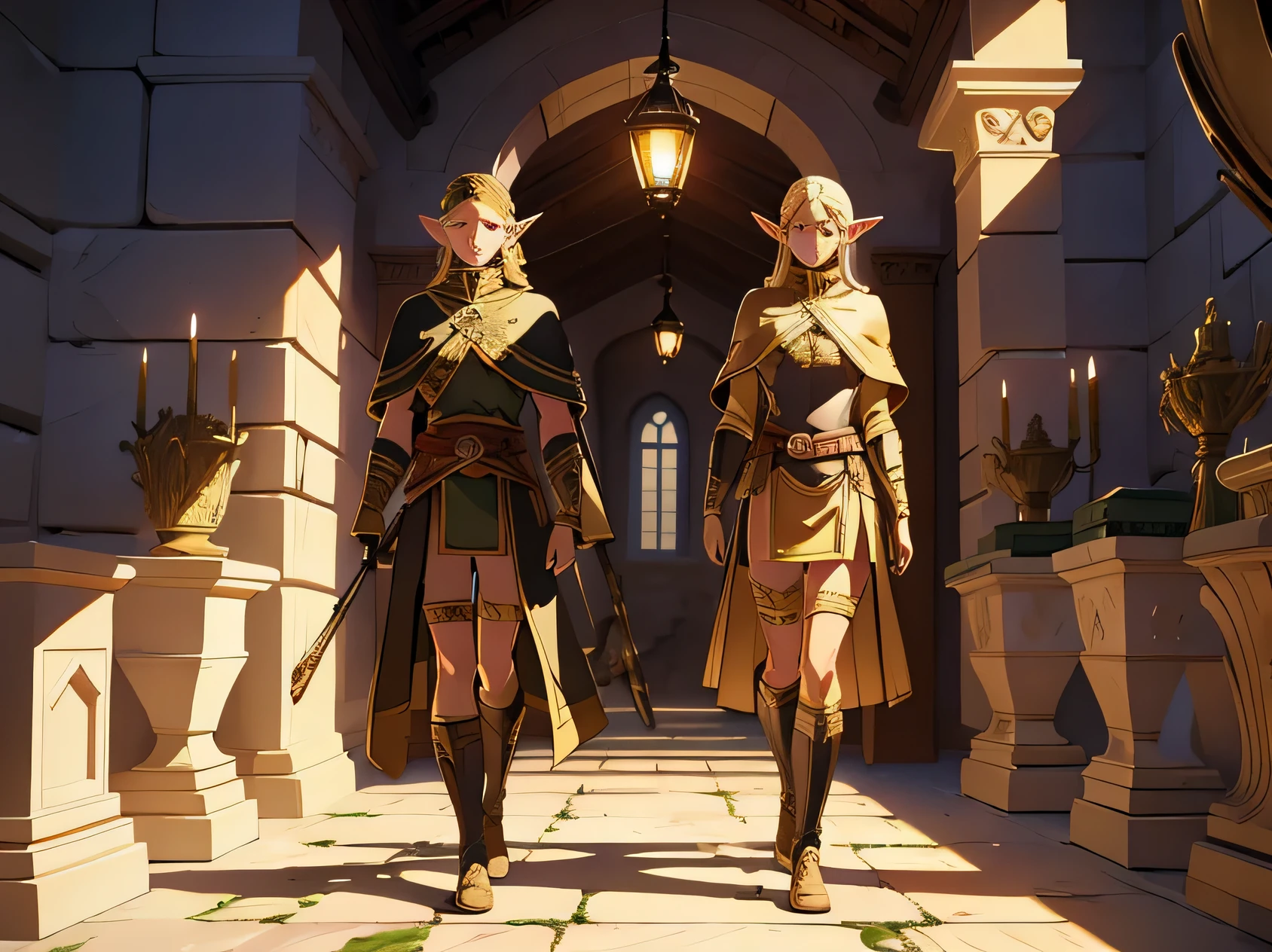 masterpiece, high quality, illustration, extremely detailed, multiple male guards, long elves ears, natural dynamic lighting casts detailed shadows, spacious castle thone room, (roman style background), marble columns,